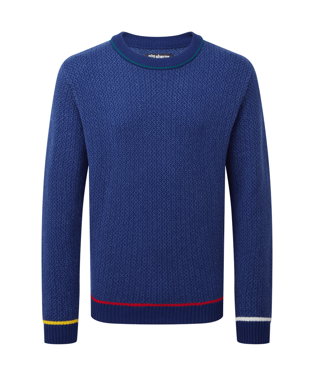 Front view of a men's Sherpa Adventure Gear bright blue knit crew neck sweater displayed.