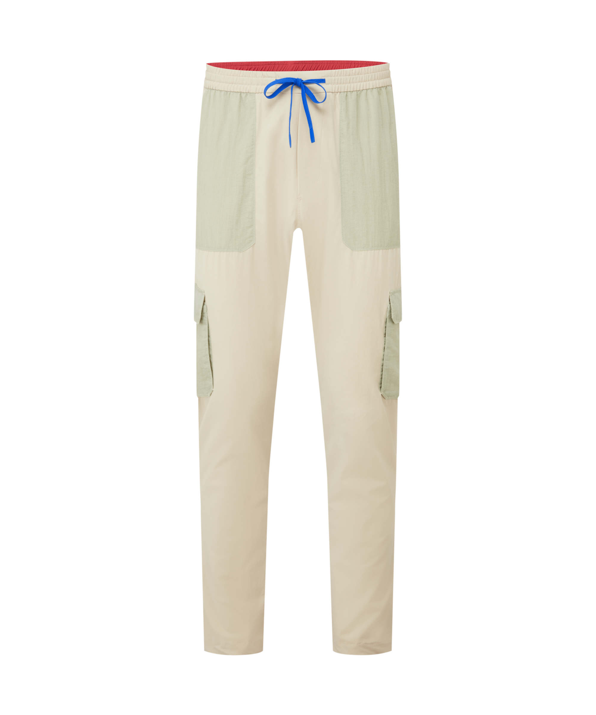 Men's beige pants with a blue drawstring and green pockets on a white background