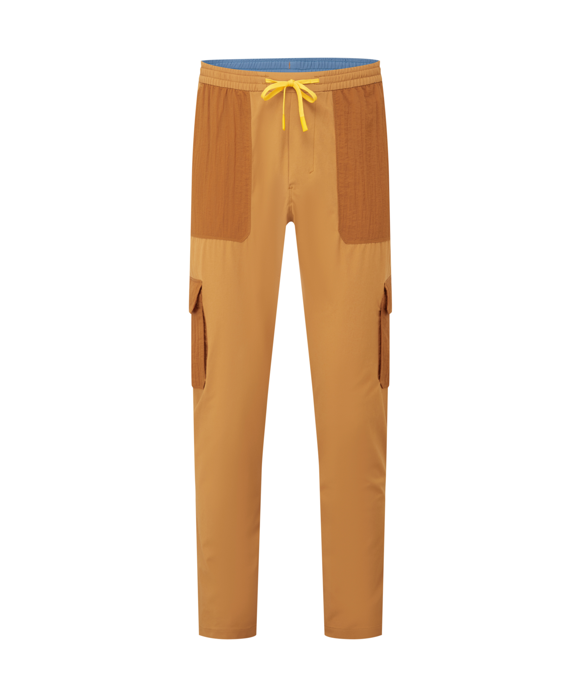 Mustard yellow pants with a blue waistband on a white background