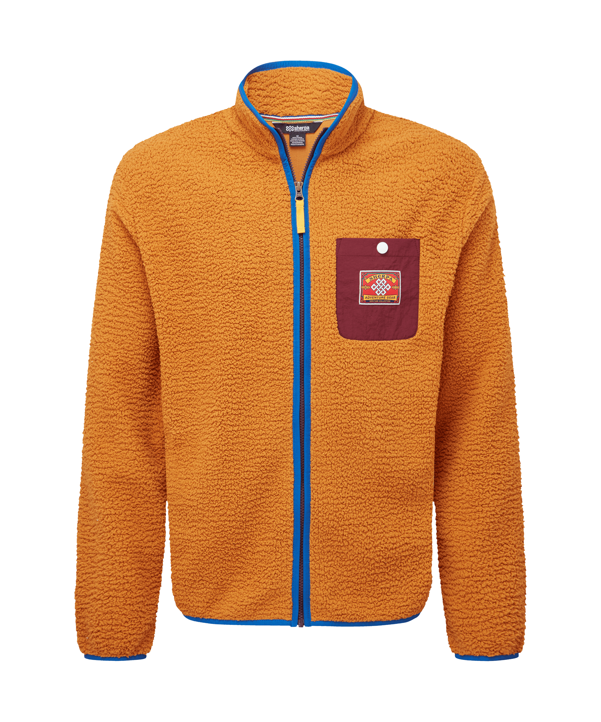 Front view of a men's Sherpa Adventure Gear orange sherpa fleece jacket displayed on a white background. Features a full-zip front, stand collar, contrasting blue zipper trim, chest patch pocket, and a plush textured finish.