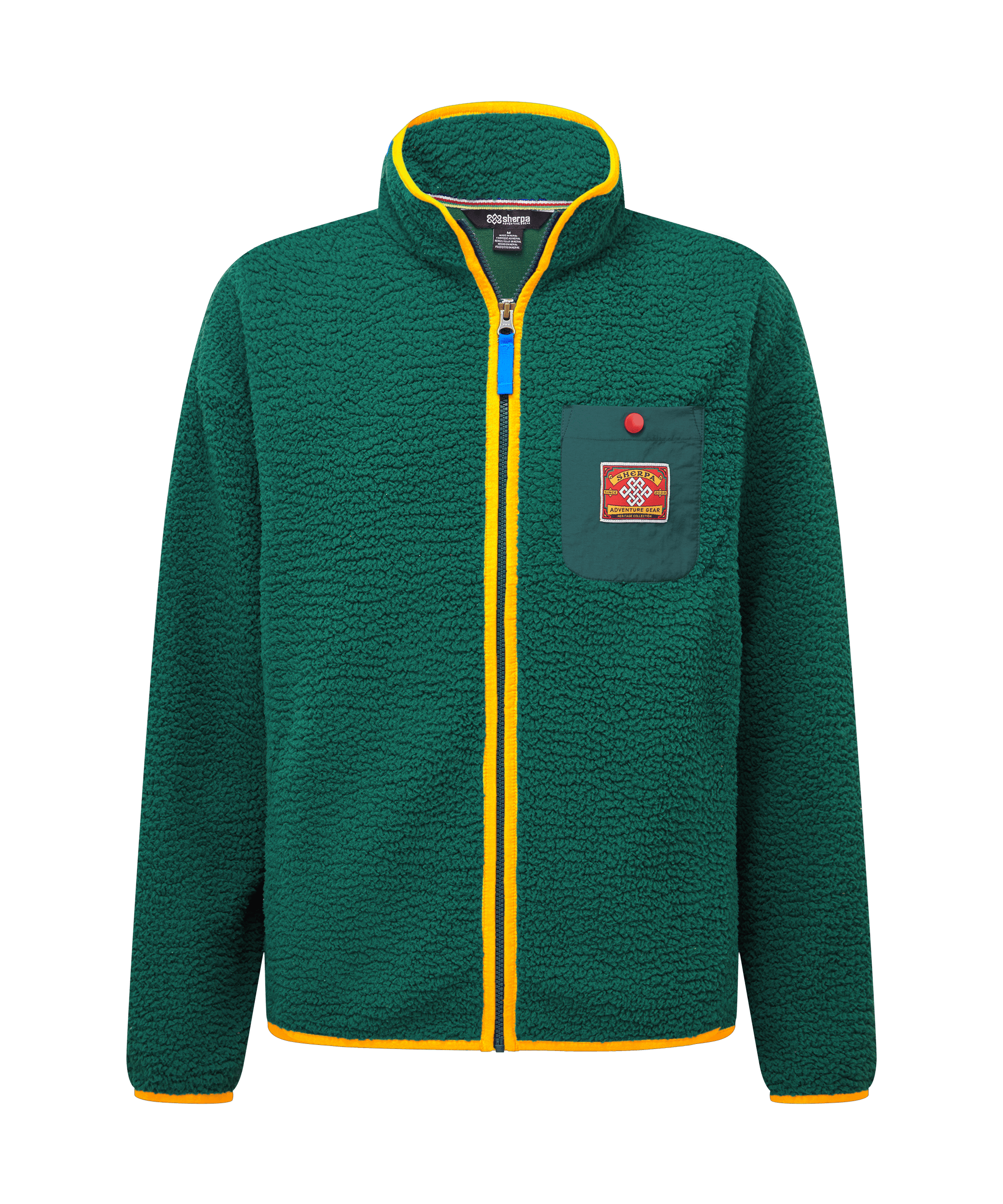 A dark green textured fleece jacket with bright yellow trim along the collar, zipper, cuffs, and hem, featuring a chest pocket with a colorful patch and a blue zipper pull, shown against a white background.