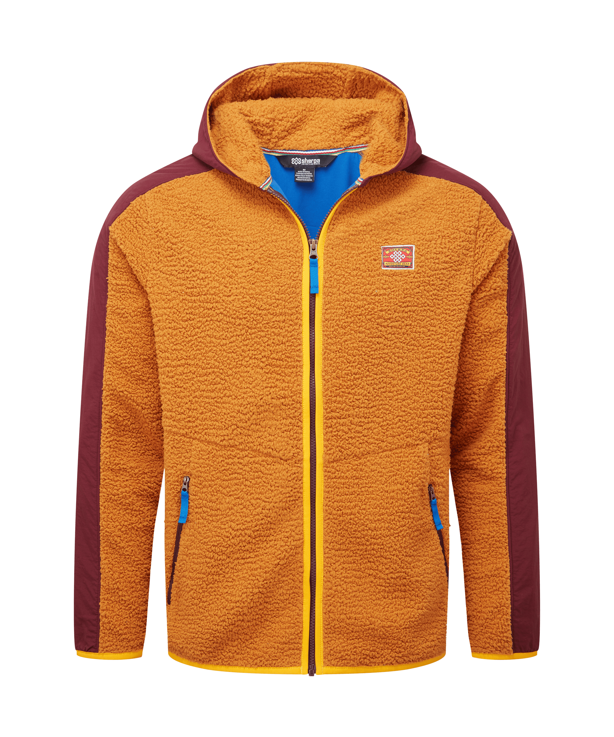 Front view of a men's Sherpa Adventure Gear orange hooded fleece jacket displayed on a white background. Features a full-zip front, attached hood with contrasting lining, zippered pockets, and a warm textured fleece construction.