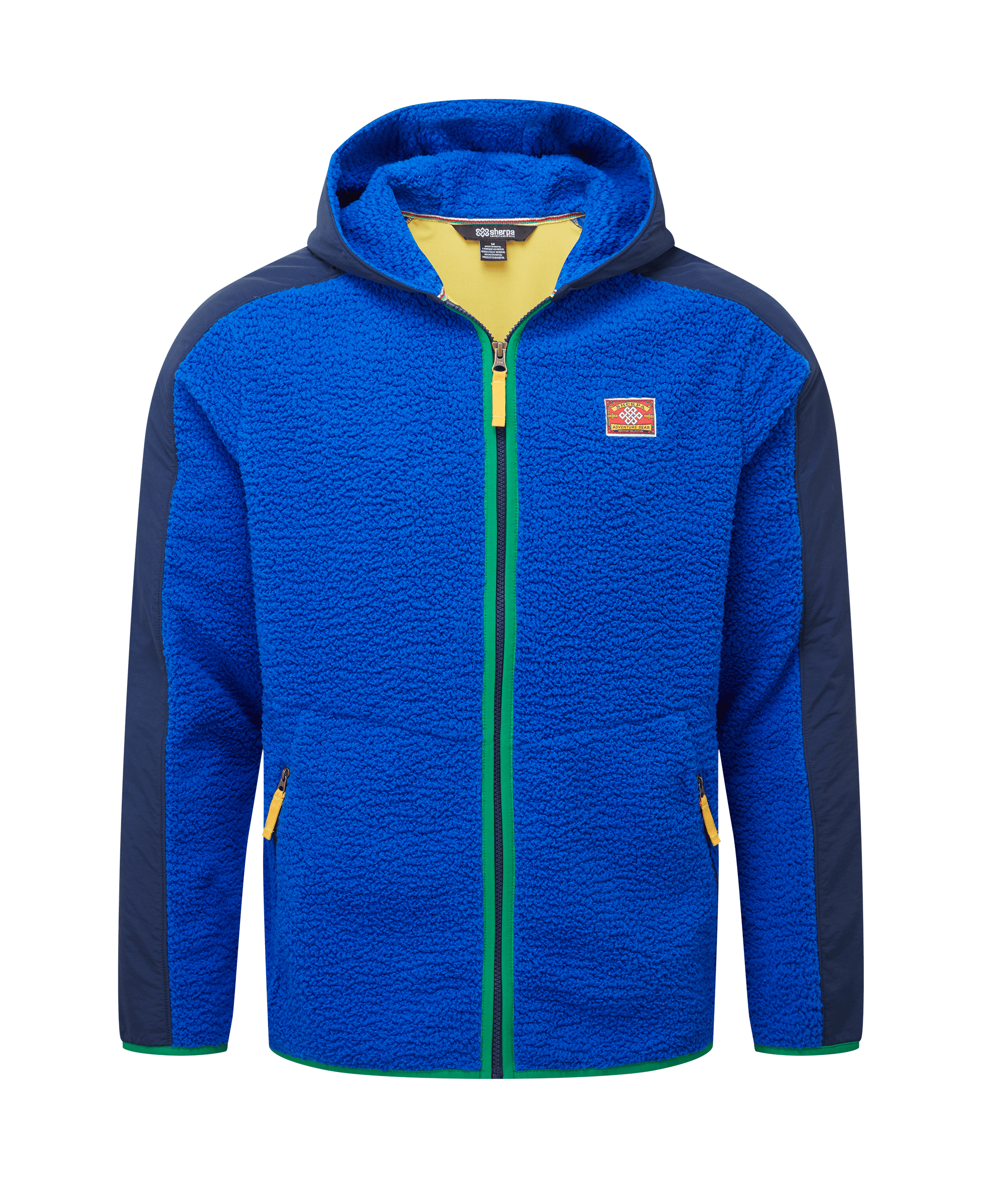 Front view of a men's Sherpa Adventure Gear bright blue hooded fleece jacket displayed on a white background. Features a full zipper, contrasting lime accents, attached hood, and a soft fleece finish for outdoor comfort.