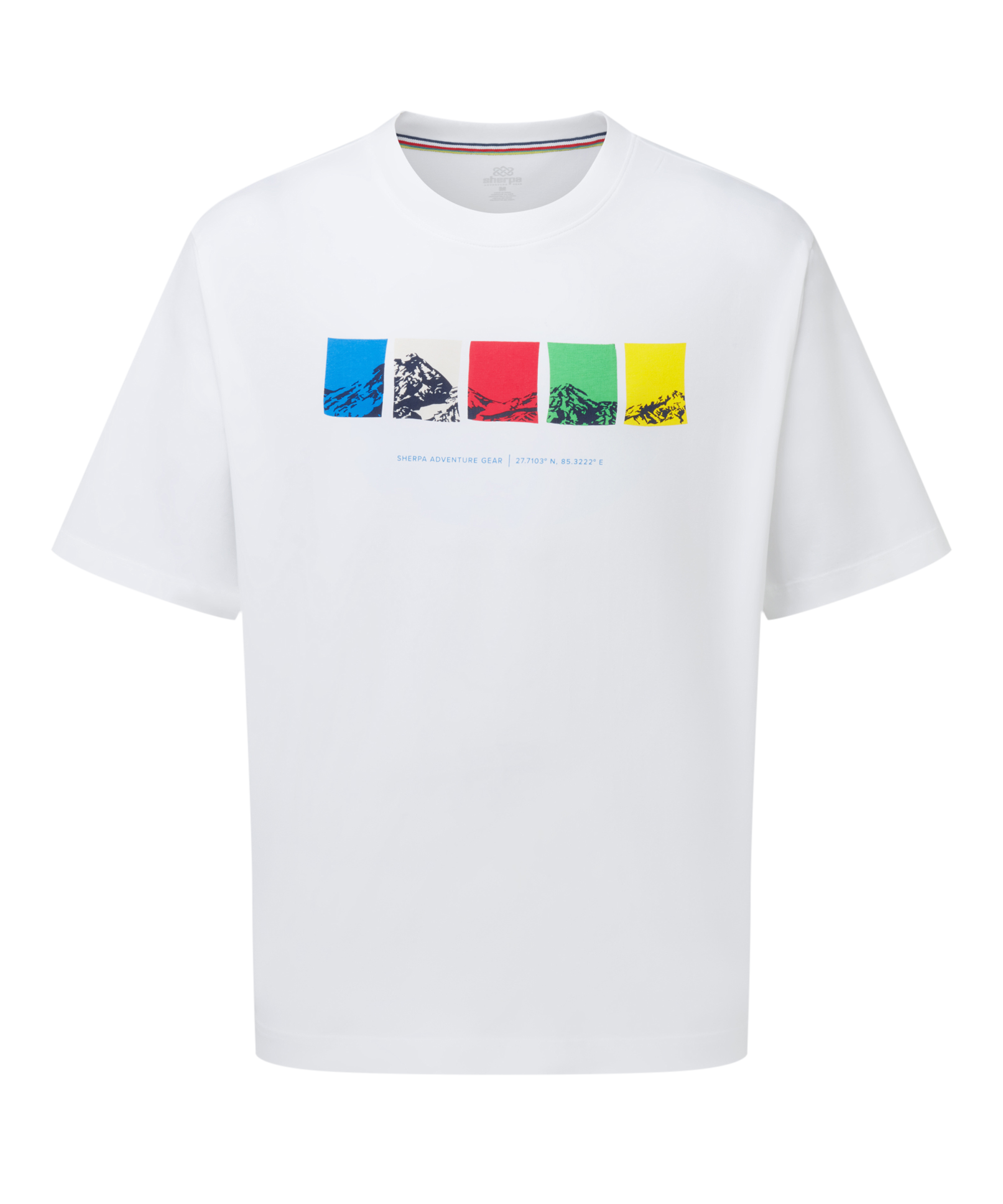 Men's loose fit white t-shirt with colorful mountain graphic design on a white background