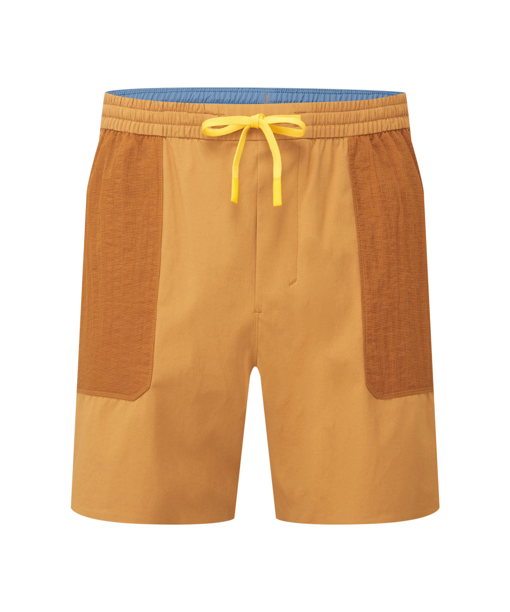 Men's orange shorts with a yellow drawstring and brown pockets on a white background