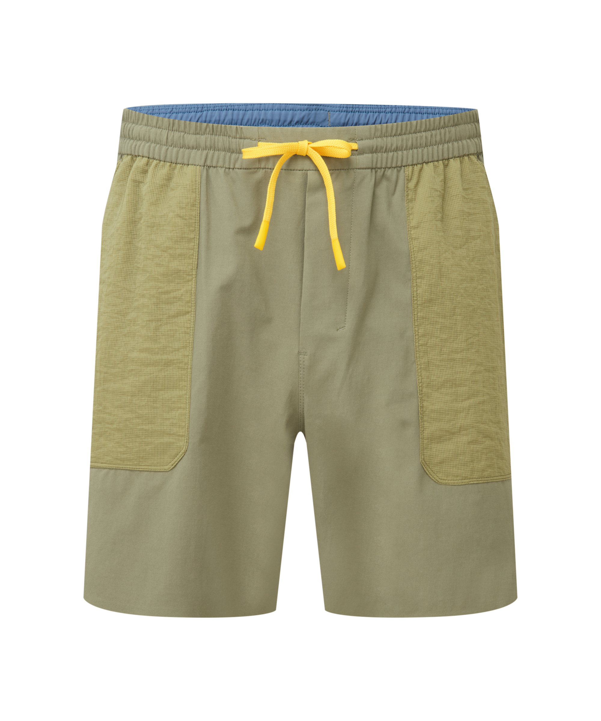 Men's green shorts with yellow drawstring and green pockets on a white background