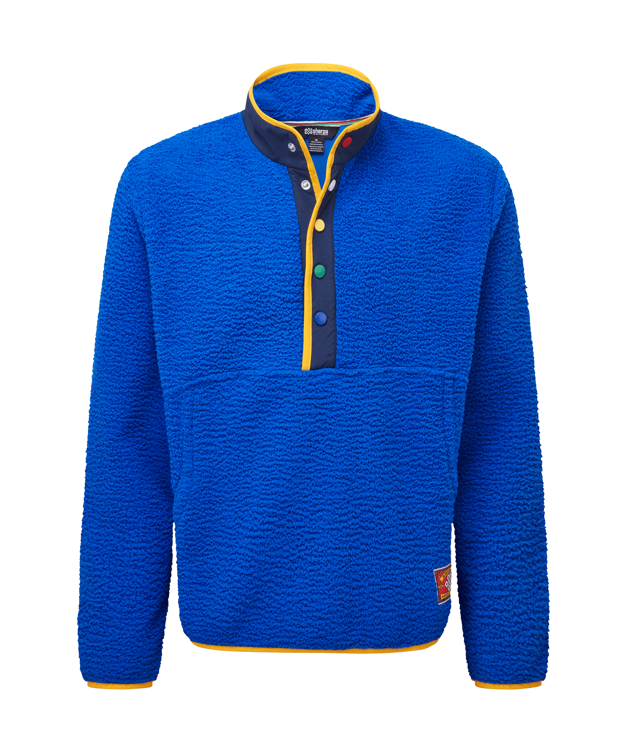 Front view of a men's Sherpa Adventure Gear snap-neck fleece pullover in vibrant royal blue. Features a high stand collar, contrast snap-button placket with colorful trim, long sleeves, and a soft textured fleece fabric. A versatile outdoor-inspired layer with a comfortable classic fit.