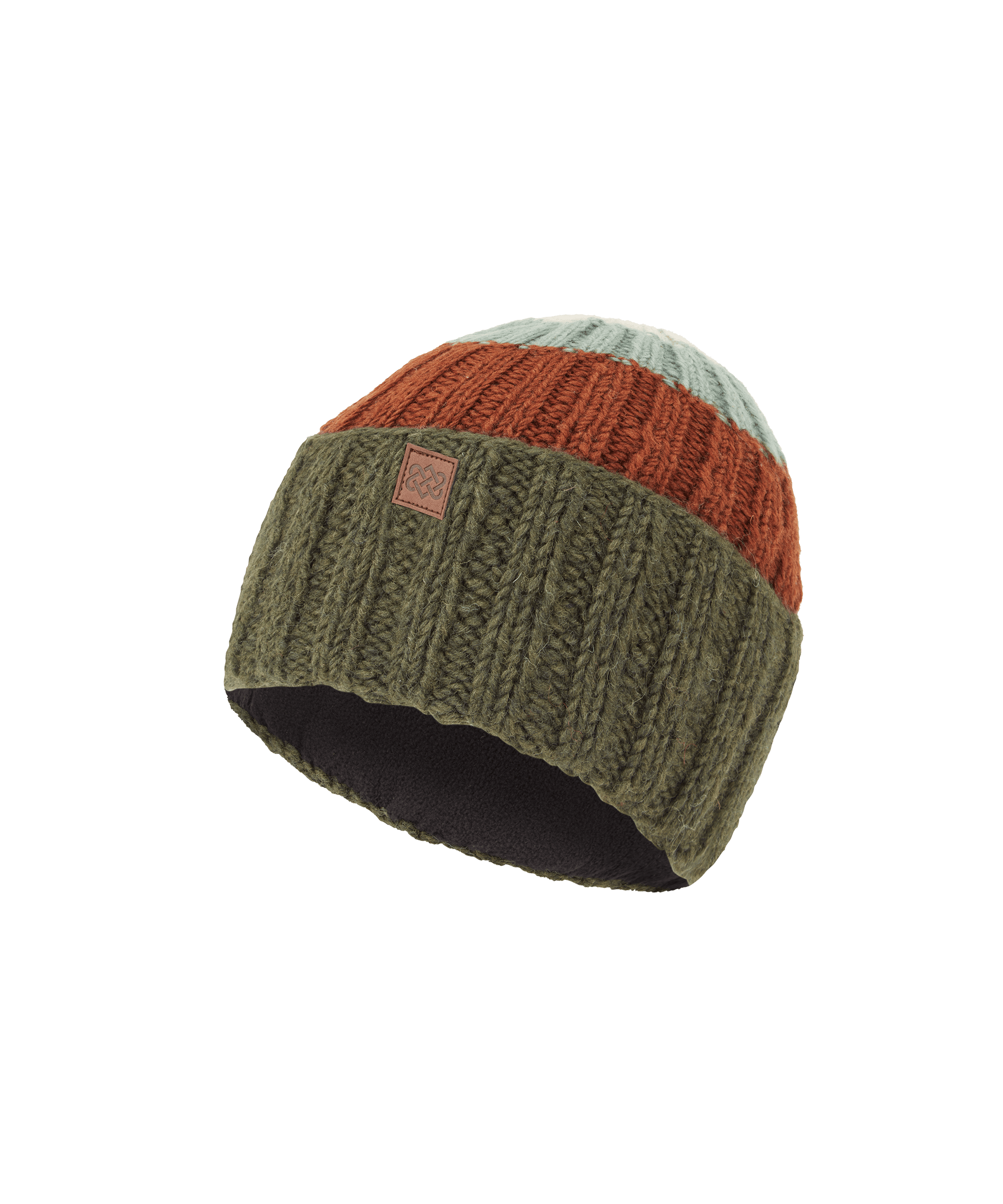 Sherpa Adventure Gear knit beanie in olive green with rust orange and charcoal color-block accents.