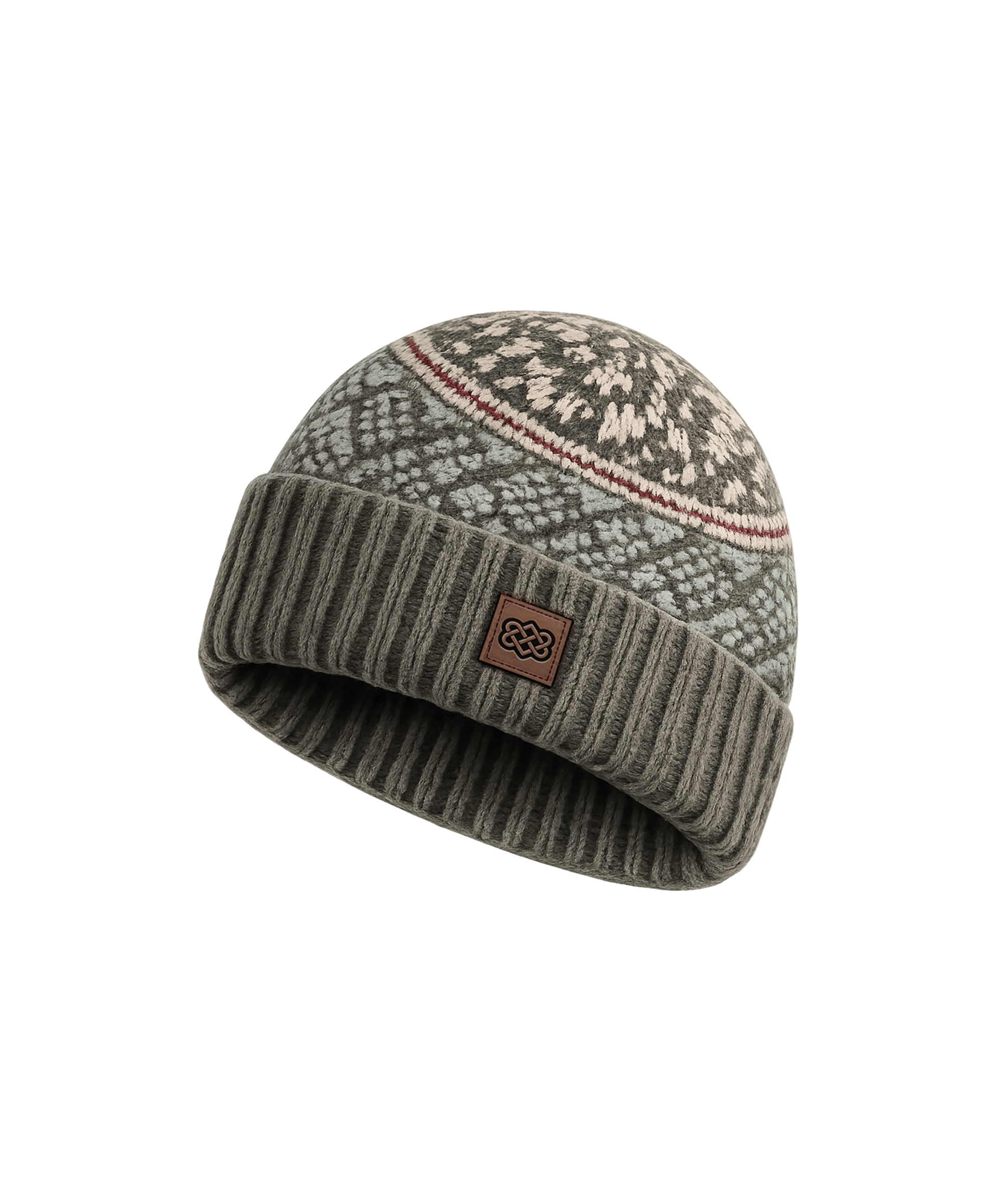 Front angled view of a unisex Sherpa Adventure Gear patterned knit beanie in olive green and grey. Features an intricate Nordic-inspired design, ribbed cuff, and insulating knit construction suited for cool-weather outings.