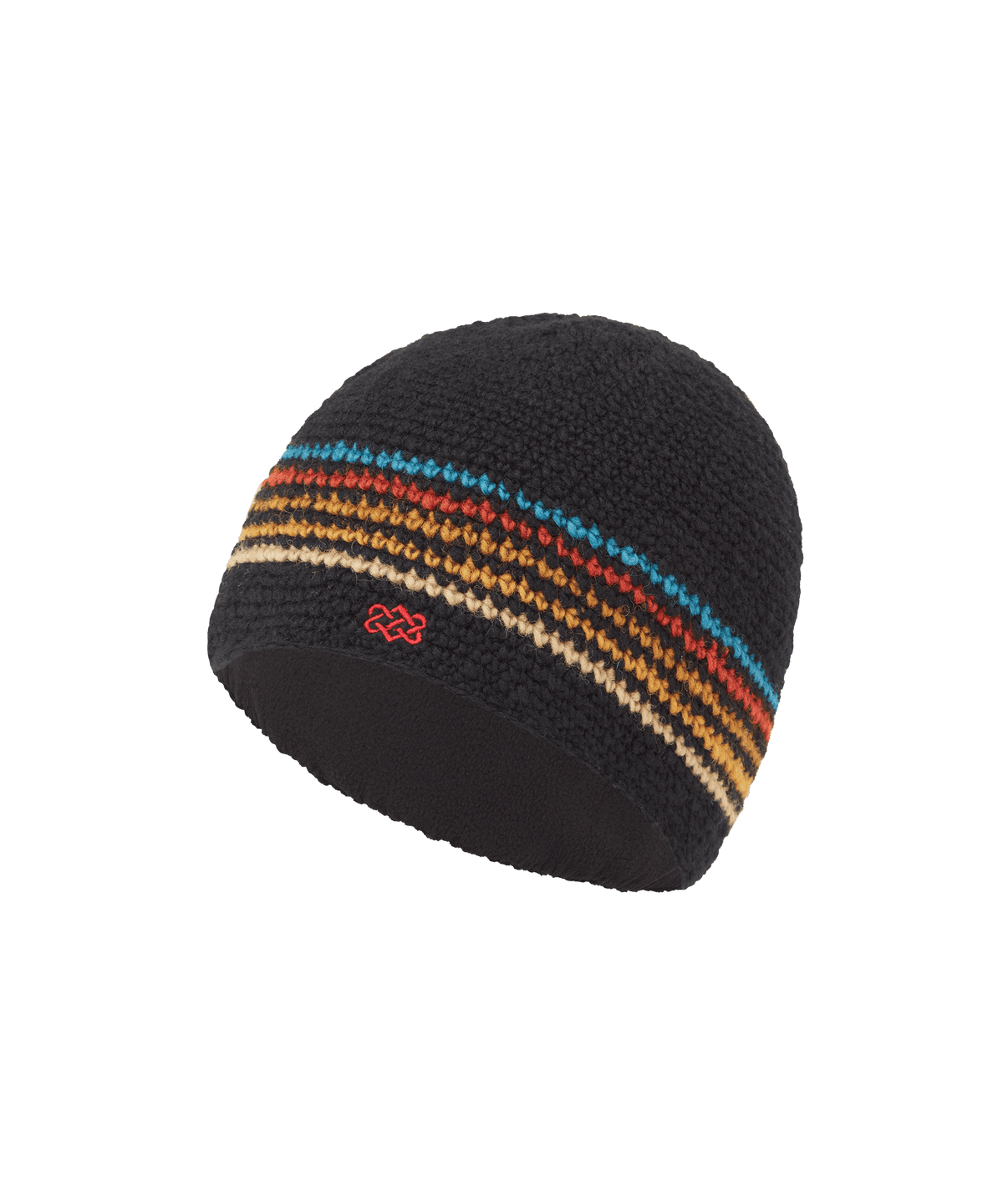 Sherpa Adventure Gear knit beanie in black with multicolor horizontal stripe detailing.