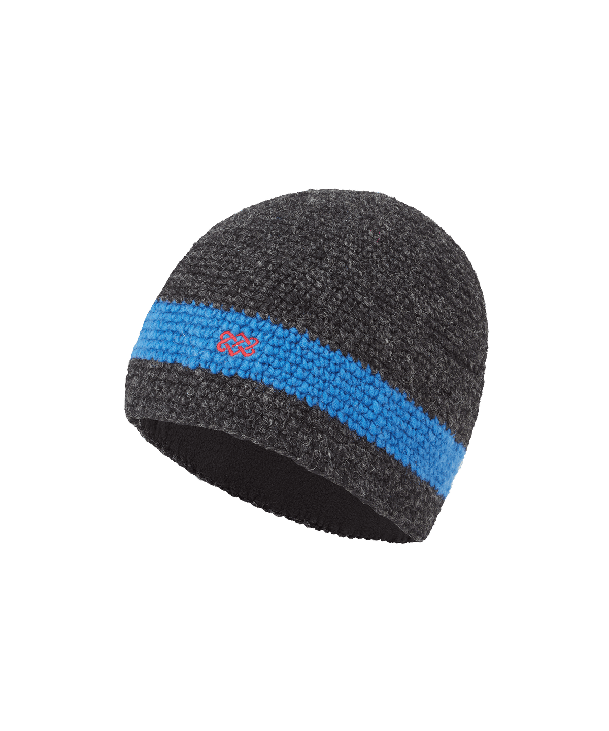 Sherpa Adventure Gear unisex knit beanie in charcoal grey with a bright blue stripe detail.