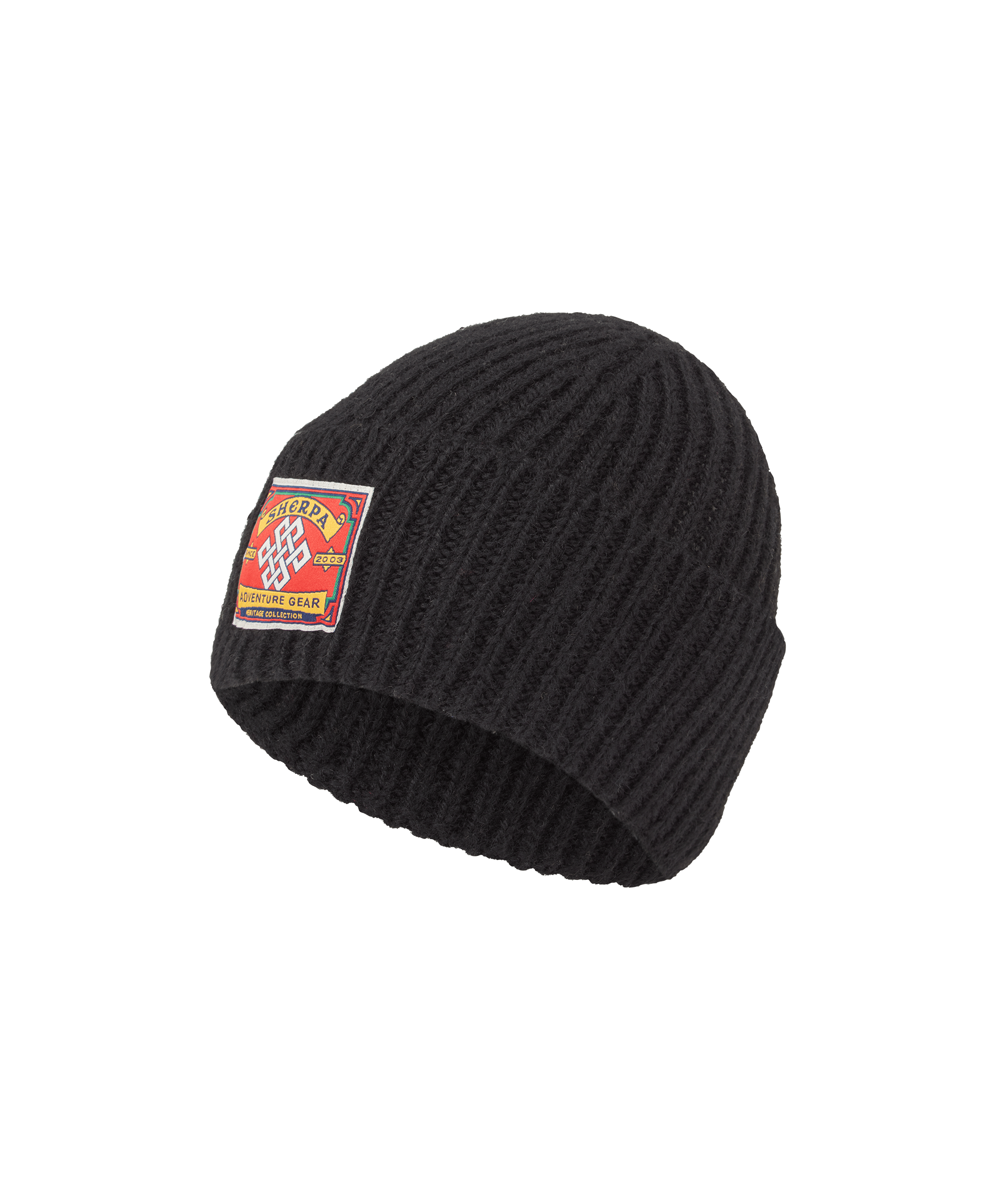 Front view of a Sherpa Adventure Gear unisex rib-knit beanie in black. Features a folded cuff, chunky knit construction, signature logo patch, and timeless cold-weather versatility.