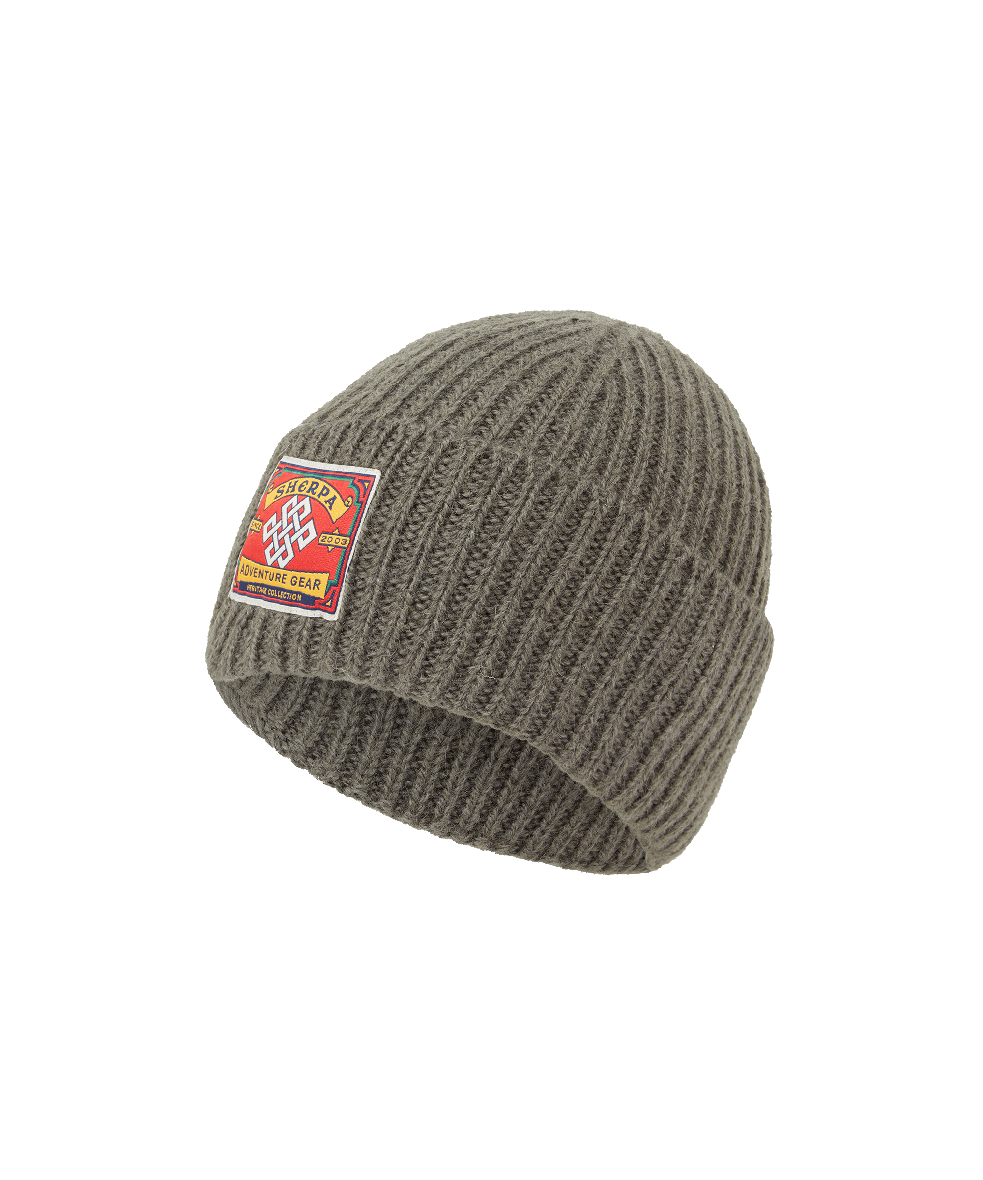 Front view of a Sherpa Adventure Gear unisex rib-knit beanie in olive green. Features a folded cuff, chunky knit construction, signature logo patch, and durable cold-weather styling.