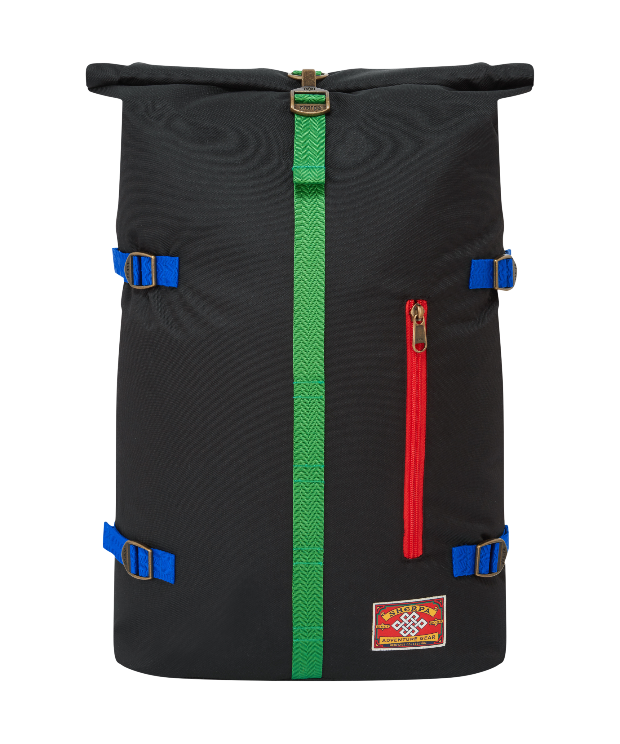 Black rolltop backpack with colorful buckles and zips on a white background. A small, red mountaineering patch is stitched to the bottom right of the bag.