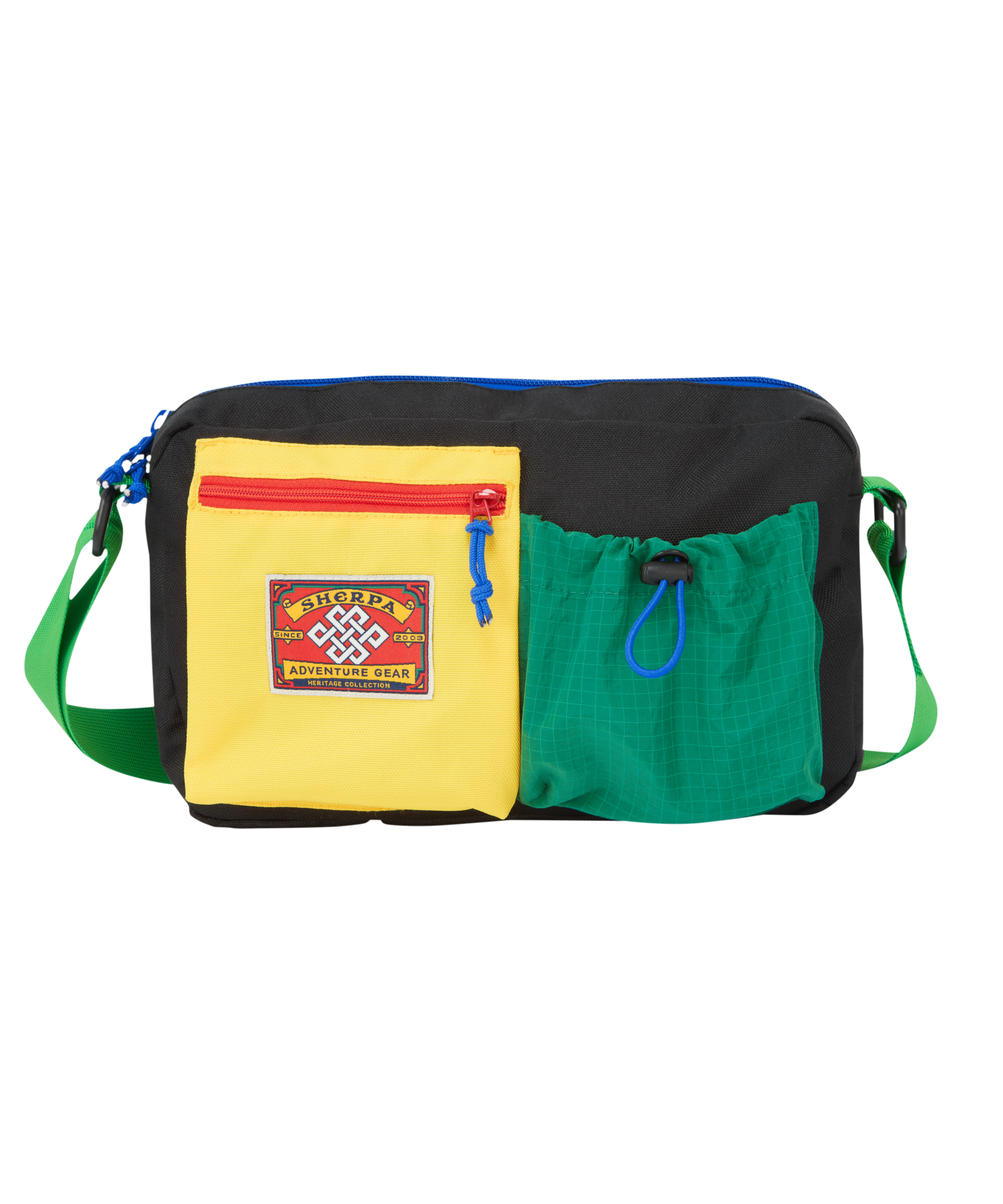 Multicolored side bag with a yellow, zipped pocket featuring a red, heritage mountaineering patch on the front. Next to the yellow pocket is a green elasticated pocket.
