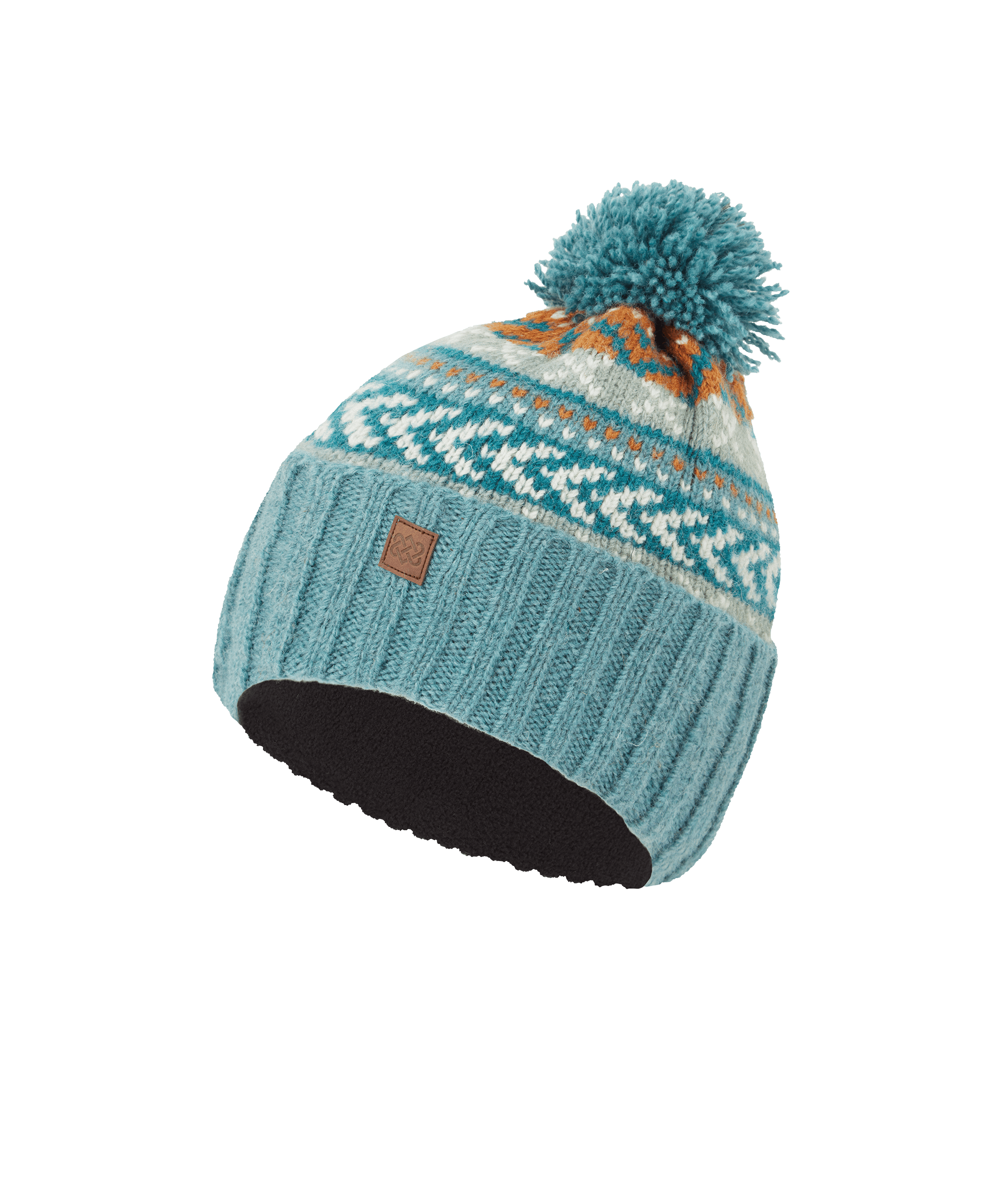 Front view of a Sherpa Adventure Gear unisex patterned knit beanie in teal with a contrasting geometric motif and pom-pom top. Features a ribbed cuff, soft knit construction, and colorful cold-weather appeal.