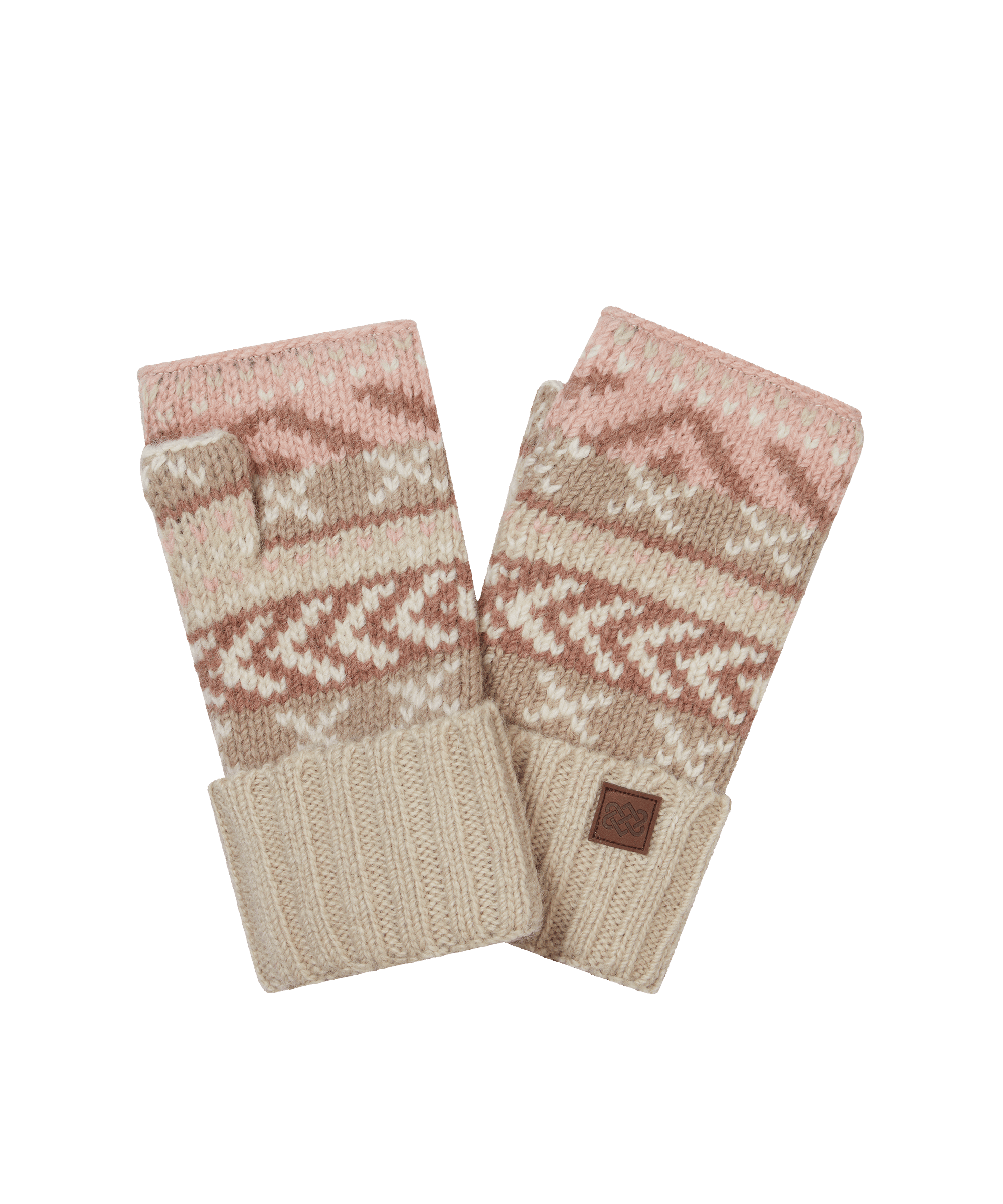 Front view of a pair of Sherpa Adventure Gear knit wrist warmers in cream with a tonal geometric pattern. Features a fingerless design, ribbed cuffs, and soft knit construction for lightweight warmth and mobility.