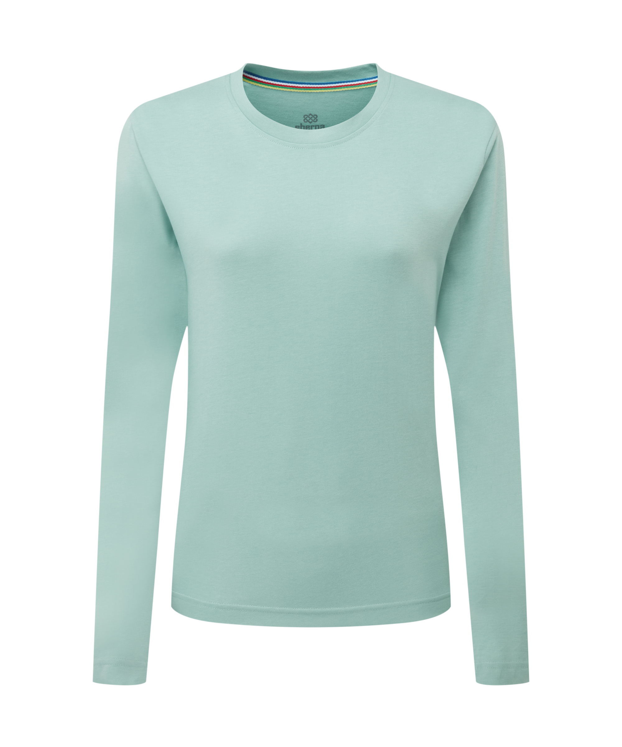 Women's light blue long-sleeve shirt on a white background