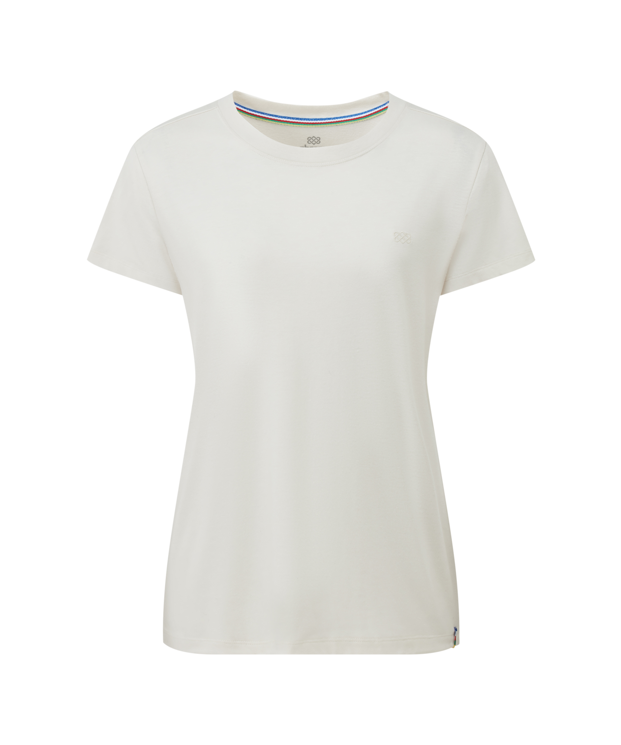 Women's white t-shirt with a small Sherpa Adventure Gear logo on a white background