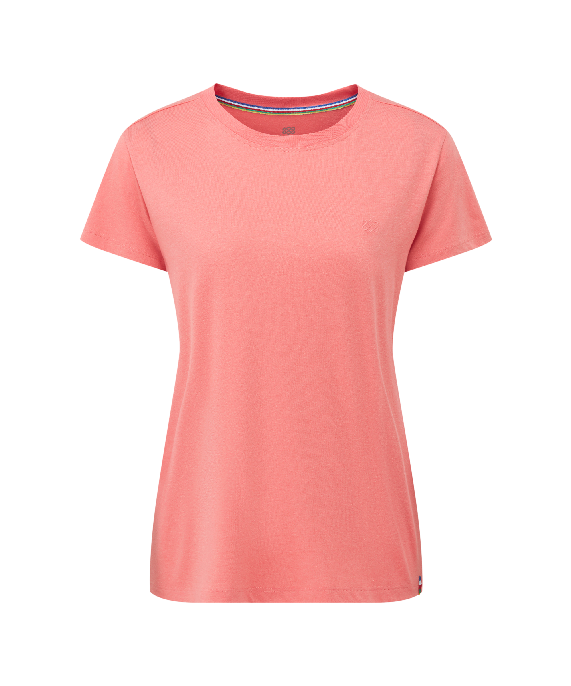 Women's coral pink t-shirt on a white background