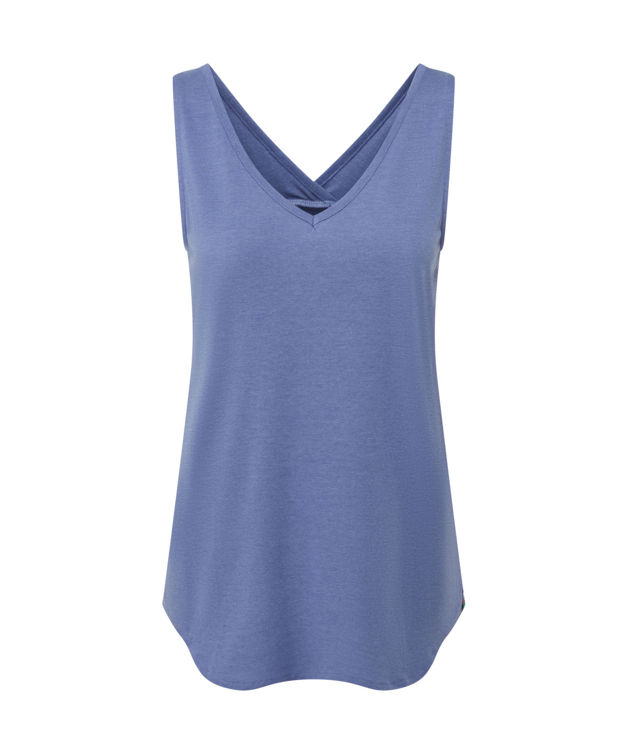 Women's blue V-neck tank top on a white background