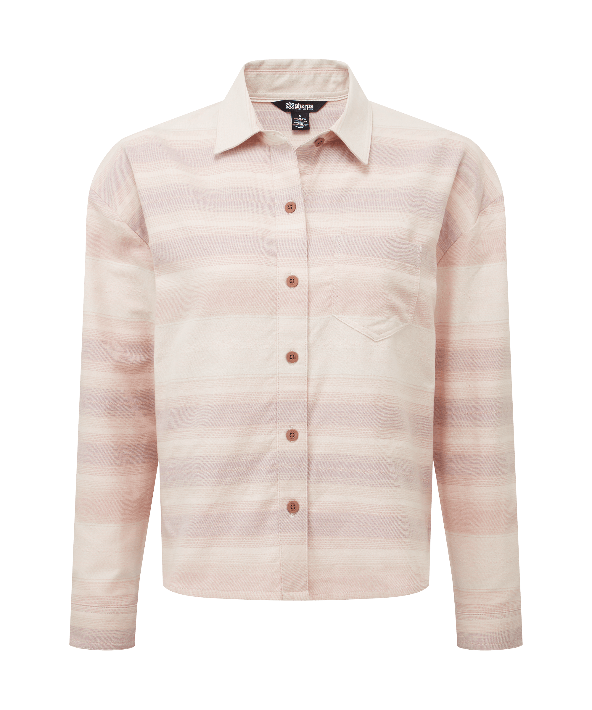 Front view of a women's Sherpa Adventure Gear long-sleeve button-up shirt in soft blush white. Features a subtle horizontal stripe pattern, pointed collar, button-front closure, and a relaxed fit.