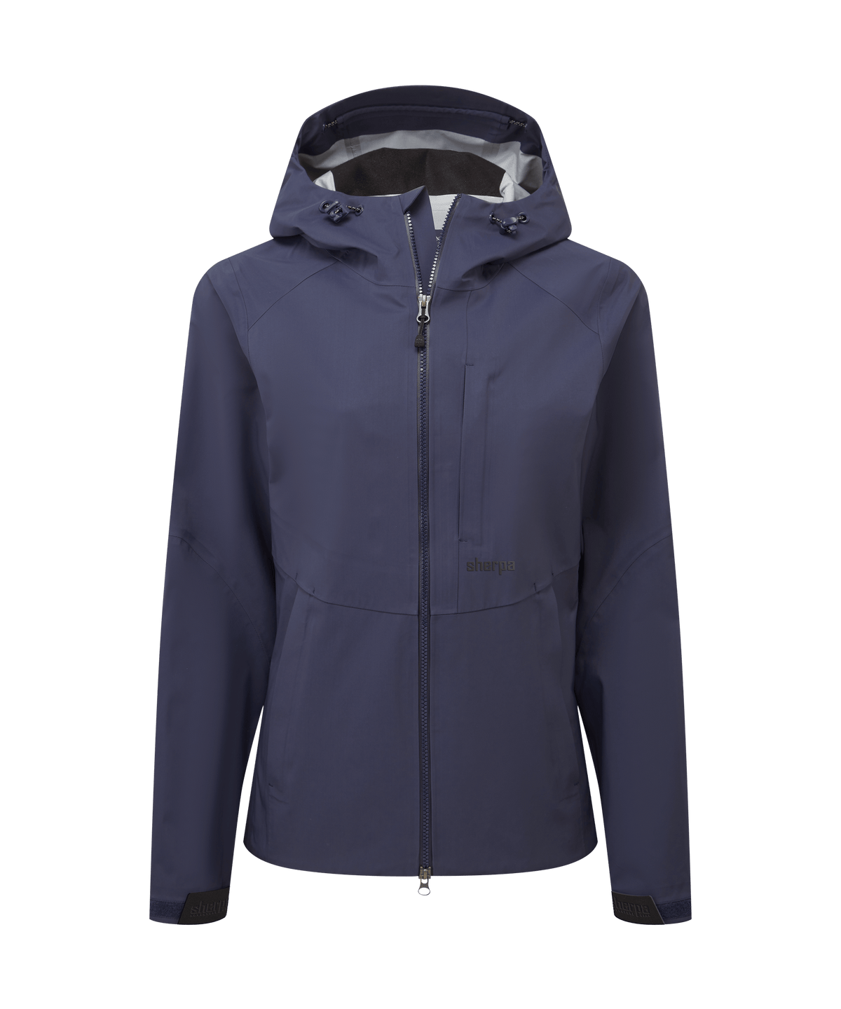 Front view of Sherpa Adventure Gear waterproof hooded jacket in navy blue.