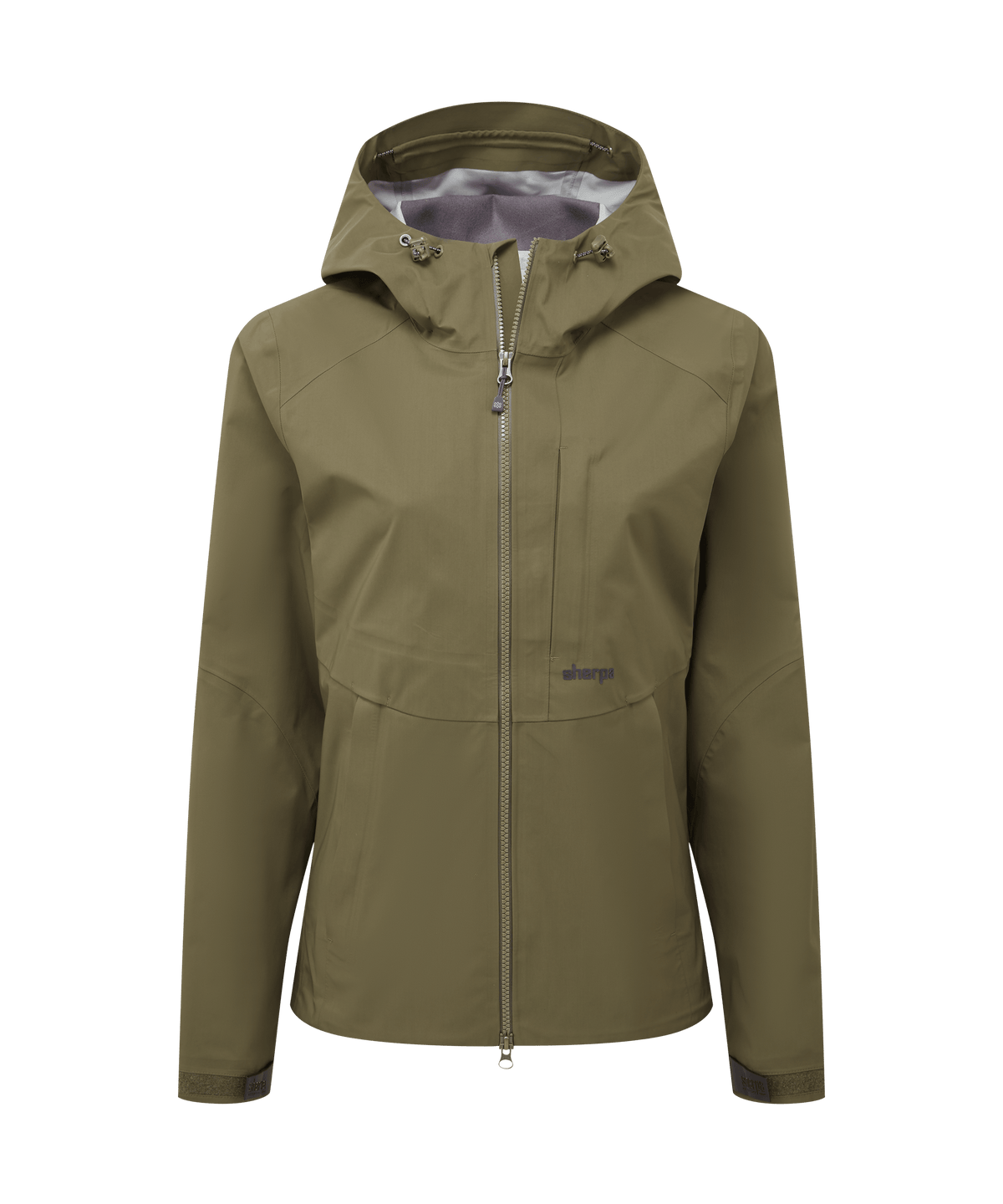 Front view of Sherpa Adventure Gear waterproof hooded jacket in olive green.
