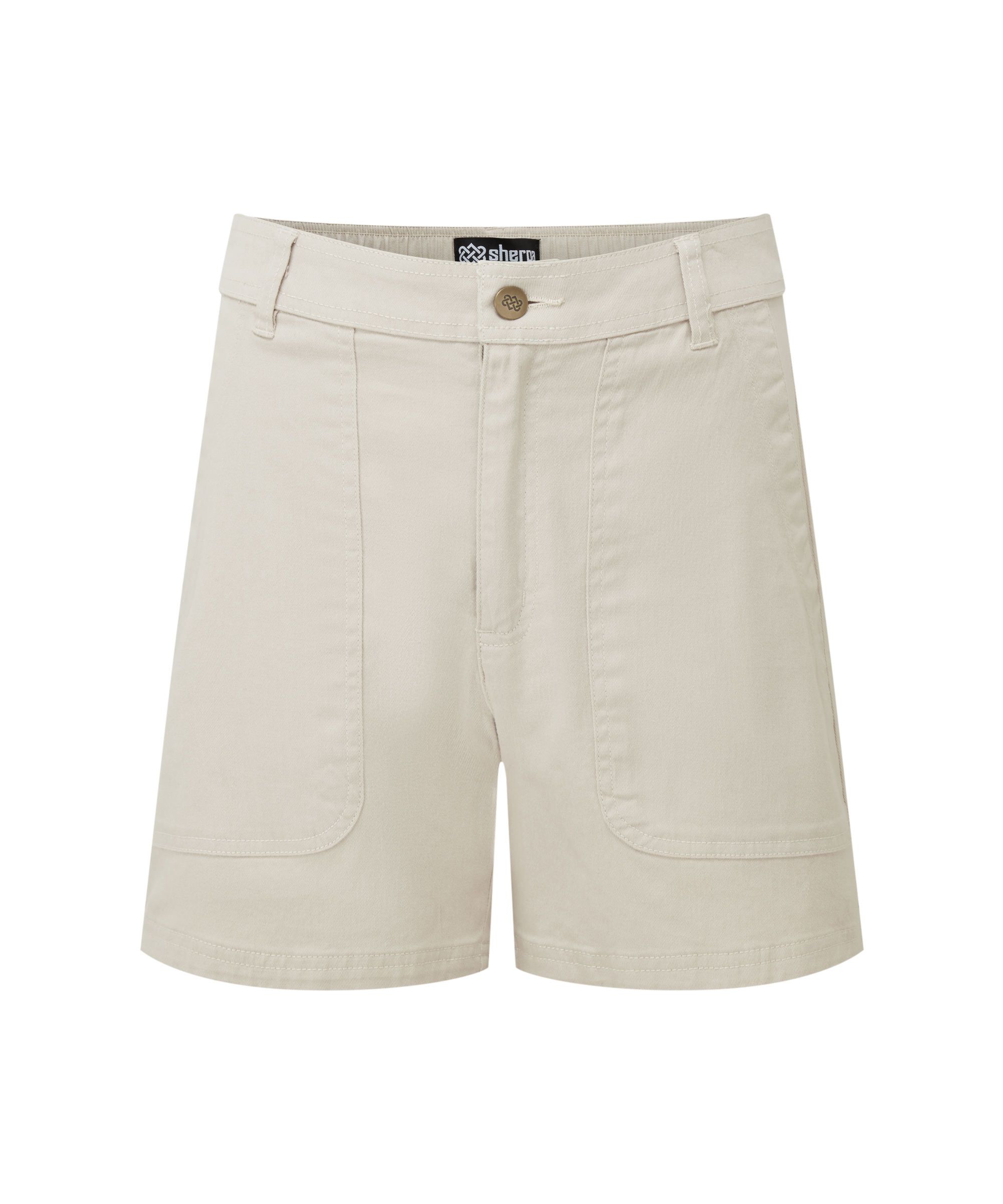 Women's beige shorts with a brand label on a white background