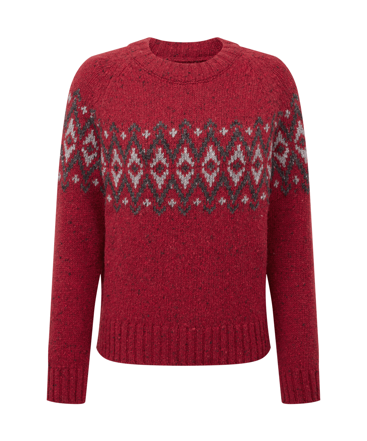 Front view of Sherpa Adventure Gear knit sweater in rich red.