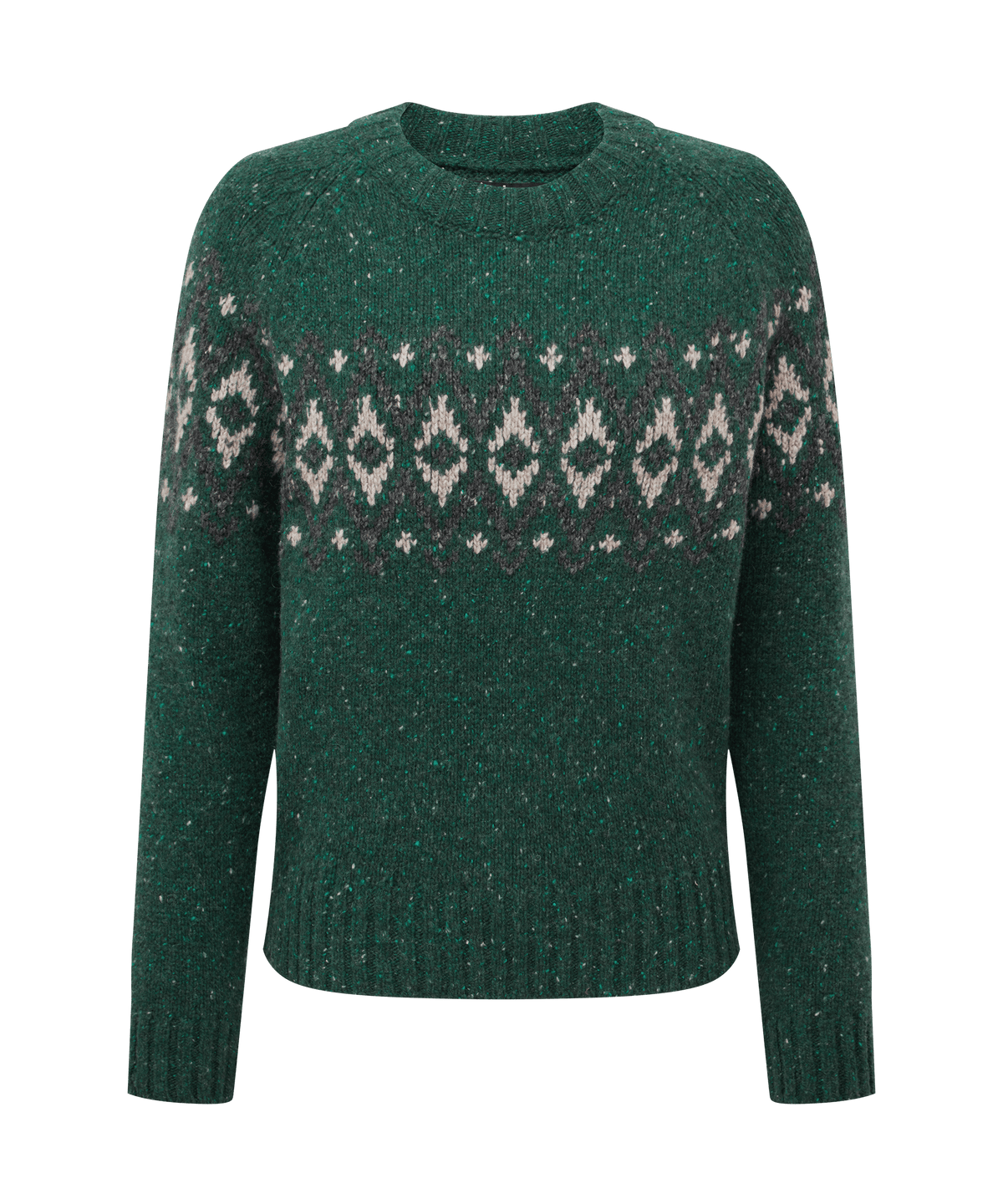Front view of Sherpa Adventure Gear knit sweater in forest green.