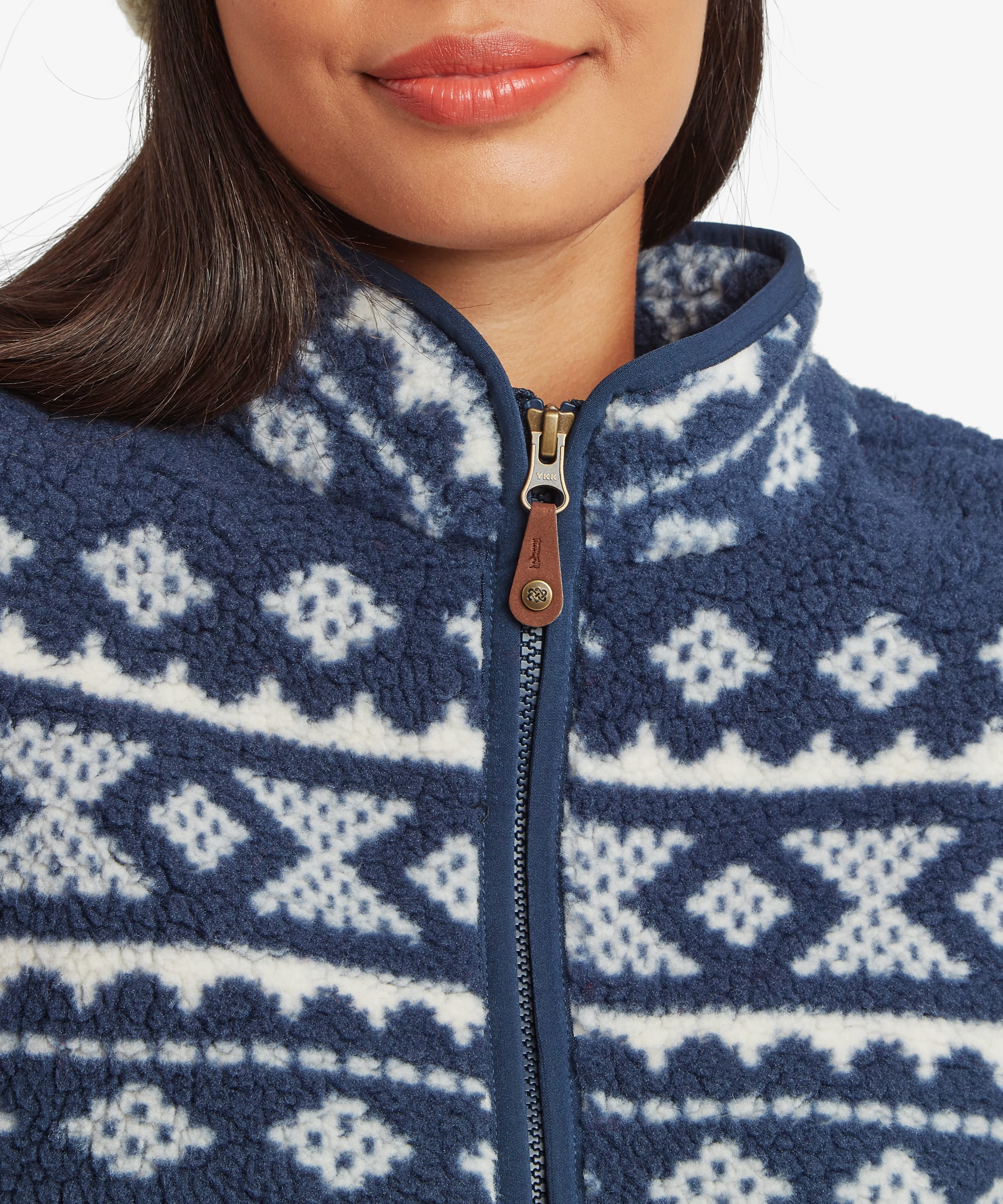 Close-up detail of a woman wearing a blue fleece jacket. The patterned yoke, zippered front, stand collar, and plush fleece texture are clearly visible.