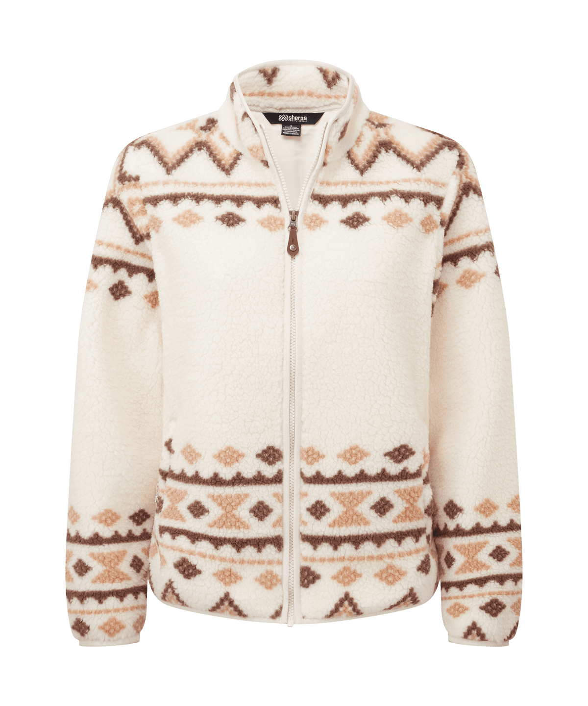 Front view of Sherpa Adventure Gear full-zip fleece jacket in cream white.