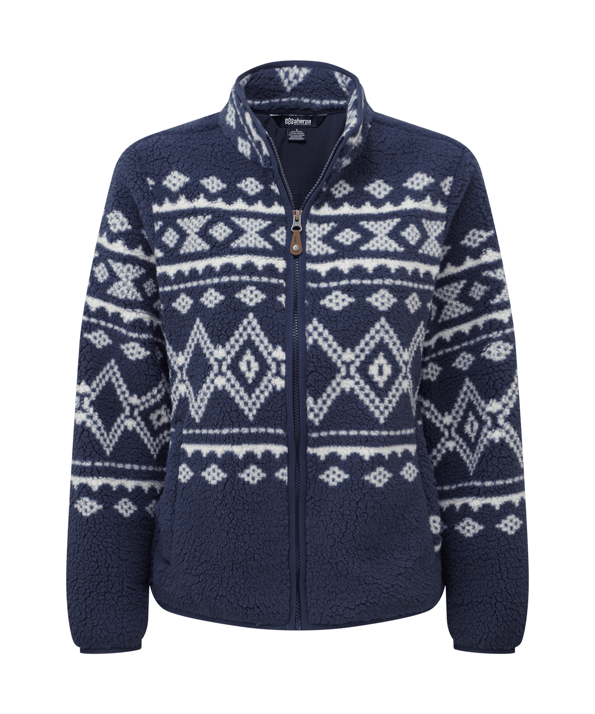 Front view of Sherpa Adventure Gear full-zip fleece jacket in navy blue.