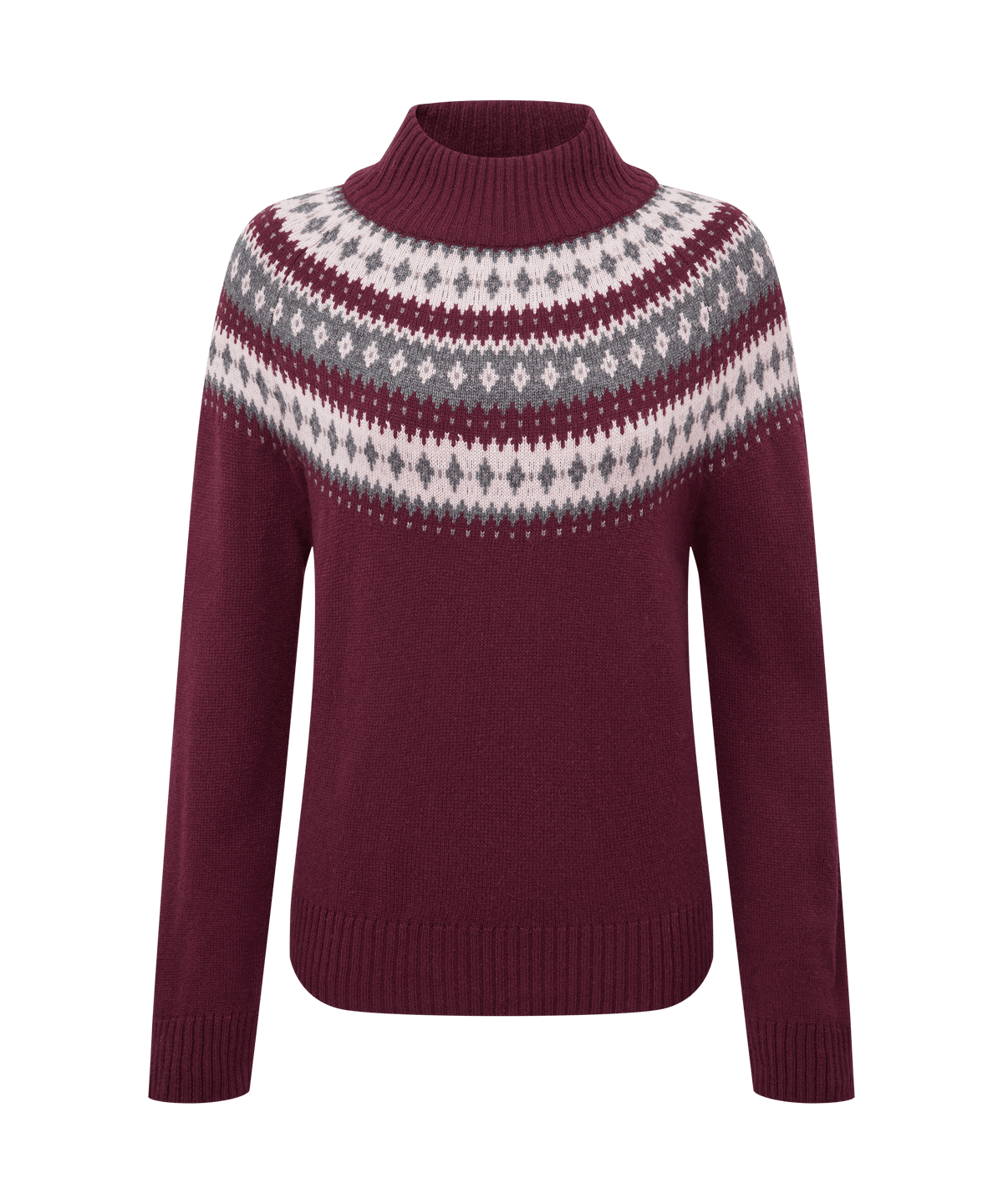 Maroon sweater with a patterned collar on a transparent background