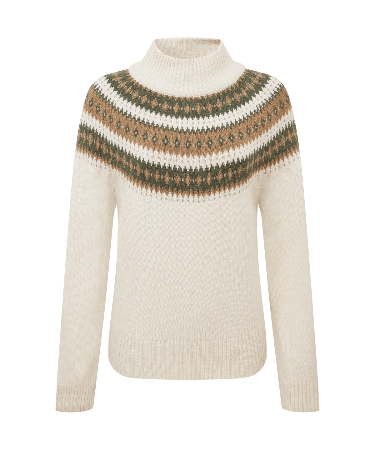 Front view of Sherpa Adventure Gear mock-neck sweater in soft beige.