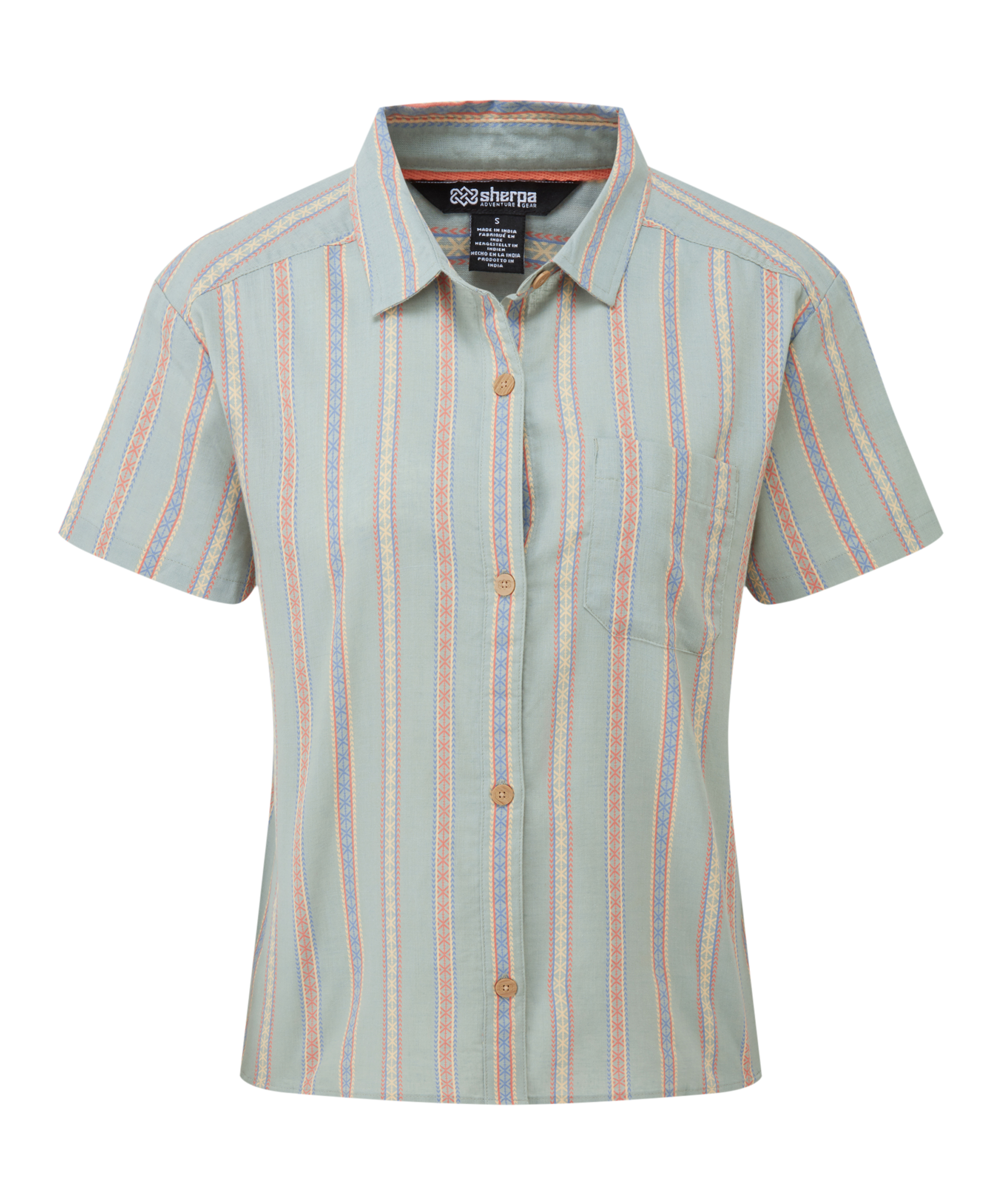 Blue striped women's shirt with button details on a white background