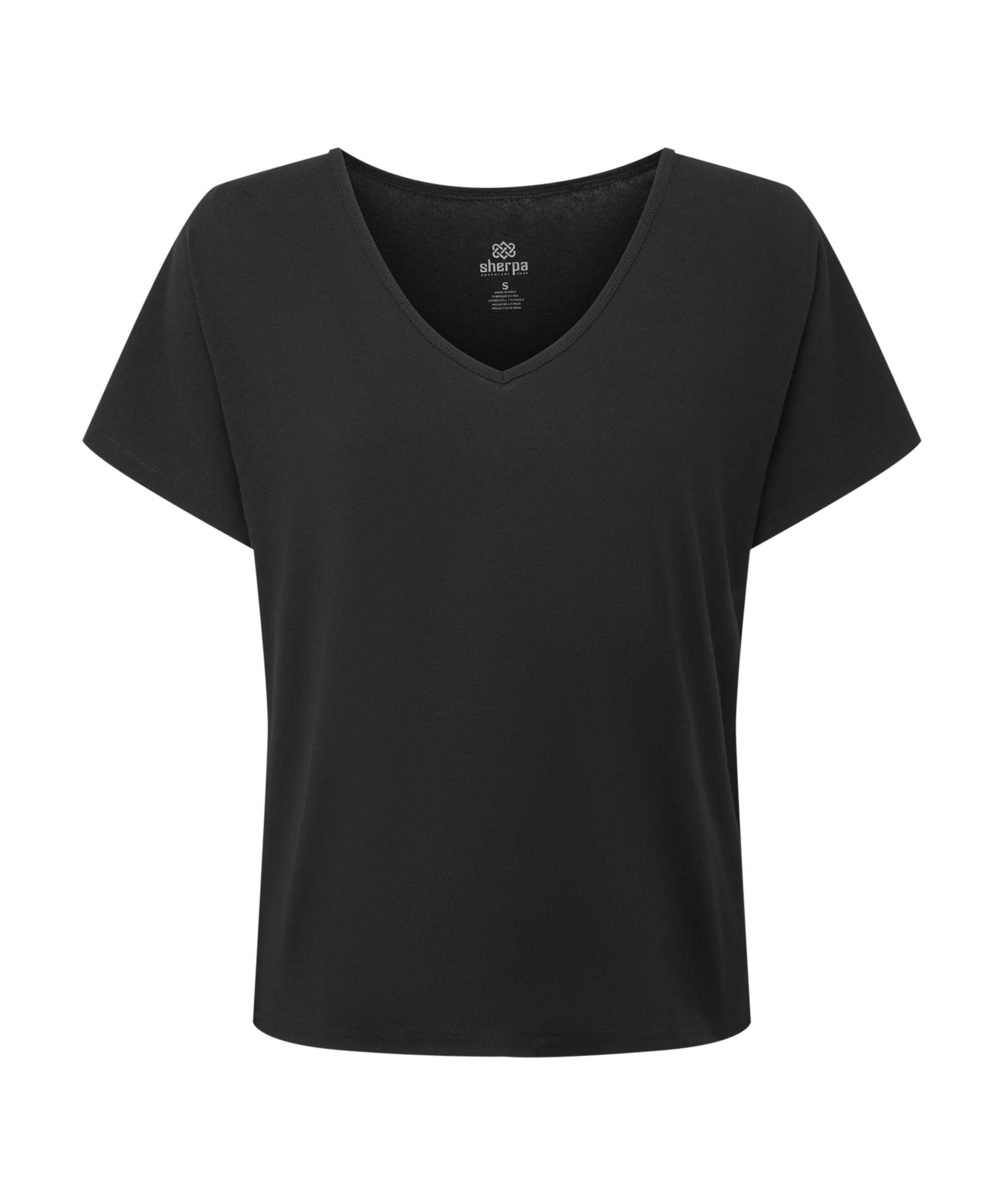 Women's black V-neck t-shirt on a white background