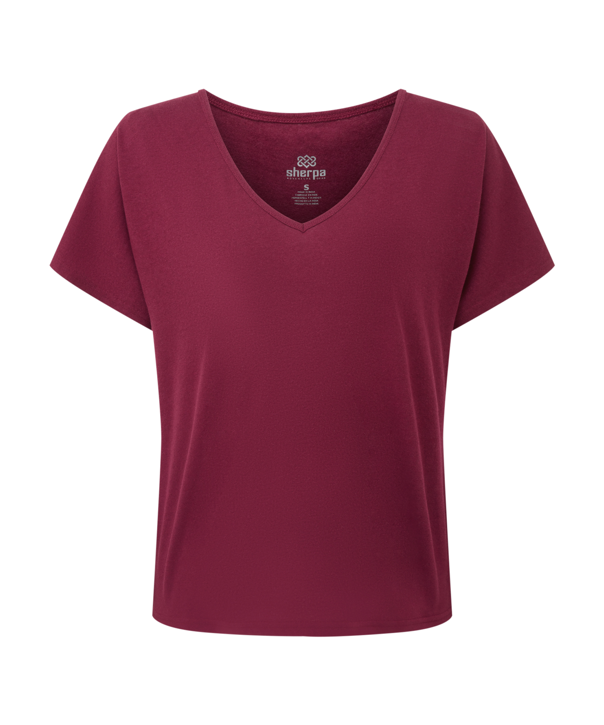 Women's maroon v-neck t-shirt on a white background