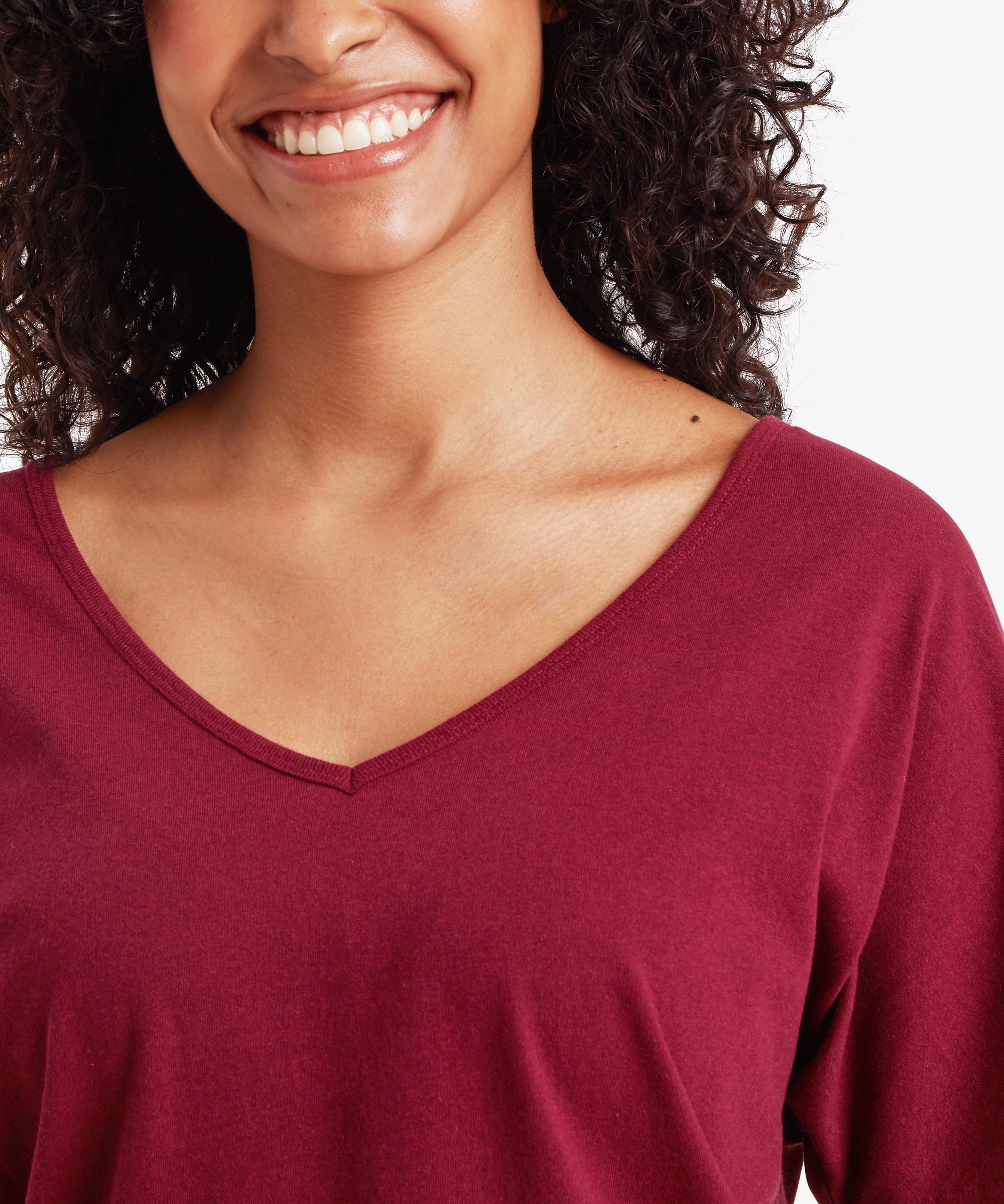 Jutnu V-Neck T-Shirt in Wine: soft maroon lightweight flowing fabric