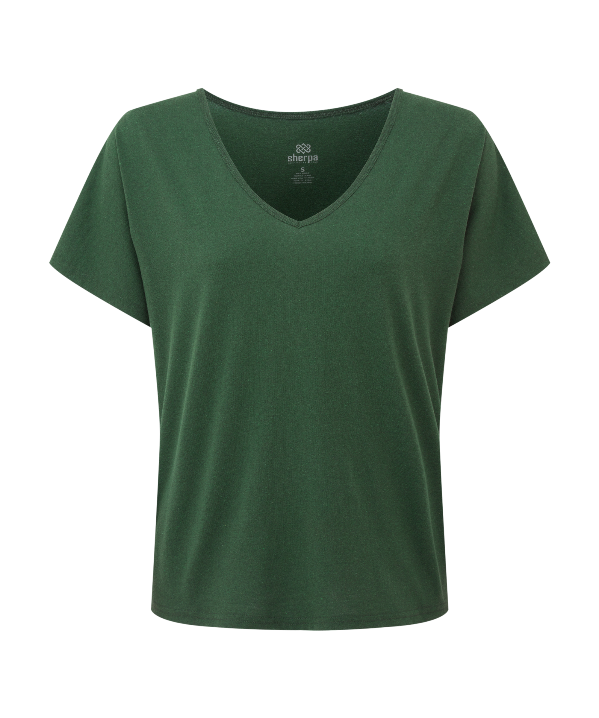 Women's V-neck green t-shirt on a white background