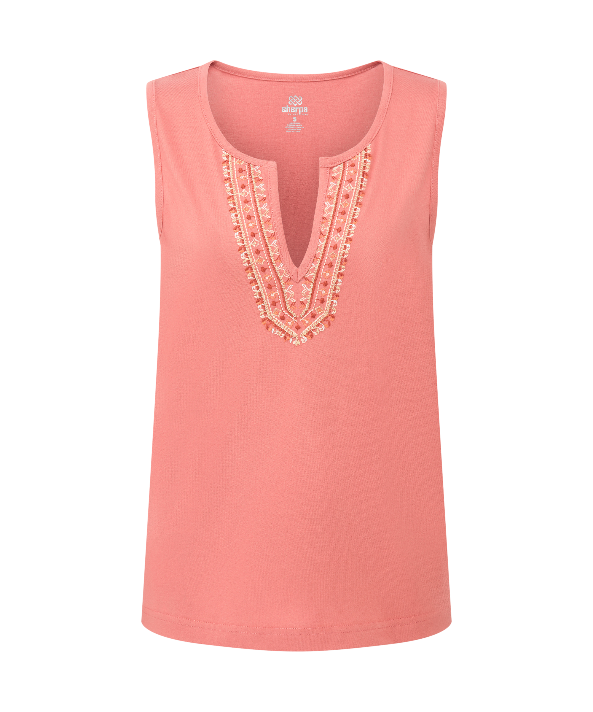 Women's pink sleeveless top with decorative neckline on a white background