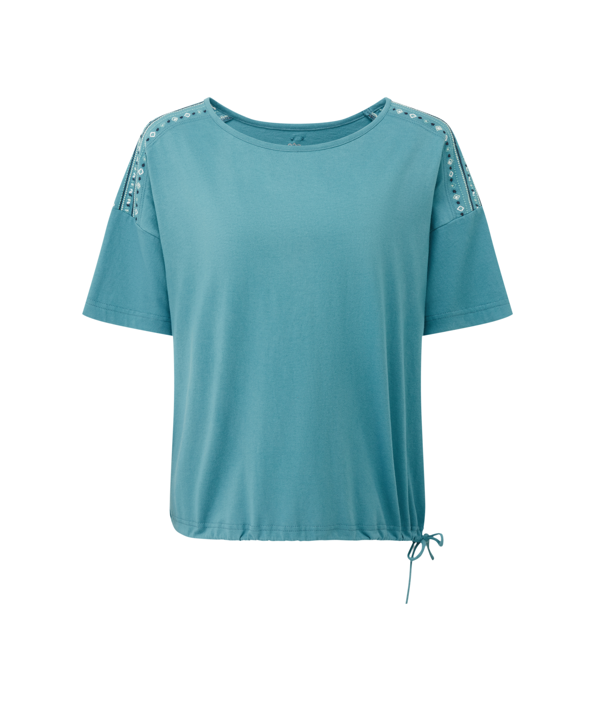 Women's teal t-shirt with shoulder embellishments on a white background