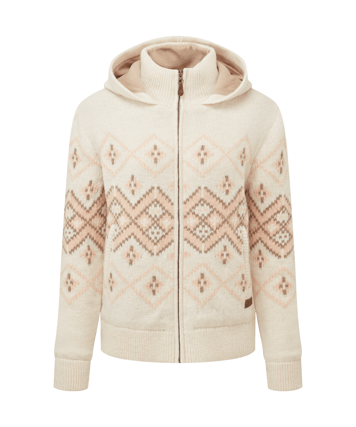 Front view of Sherpa Adventure Gear hooded sweater jacket in cream white.