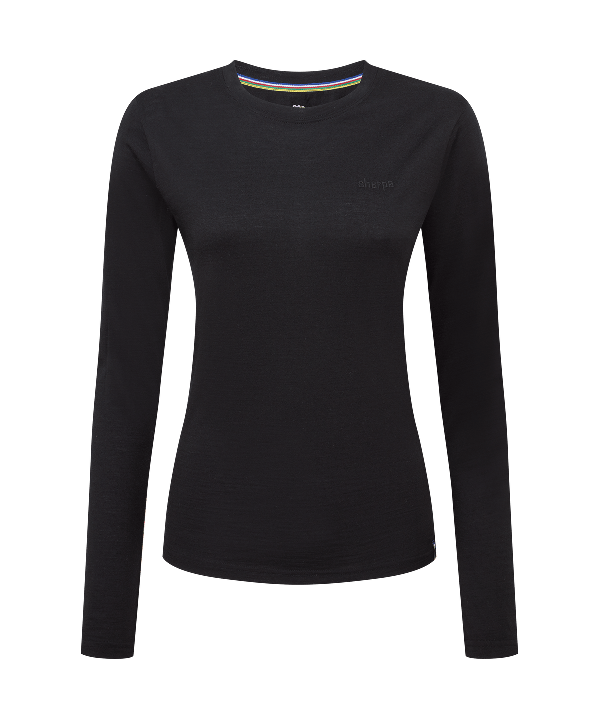 Front view of Sherpa Adventure Gear long-sleeve merino wool T-shirt in black.