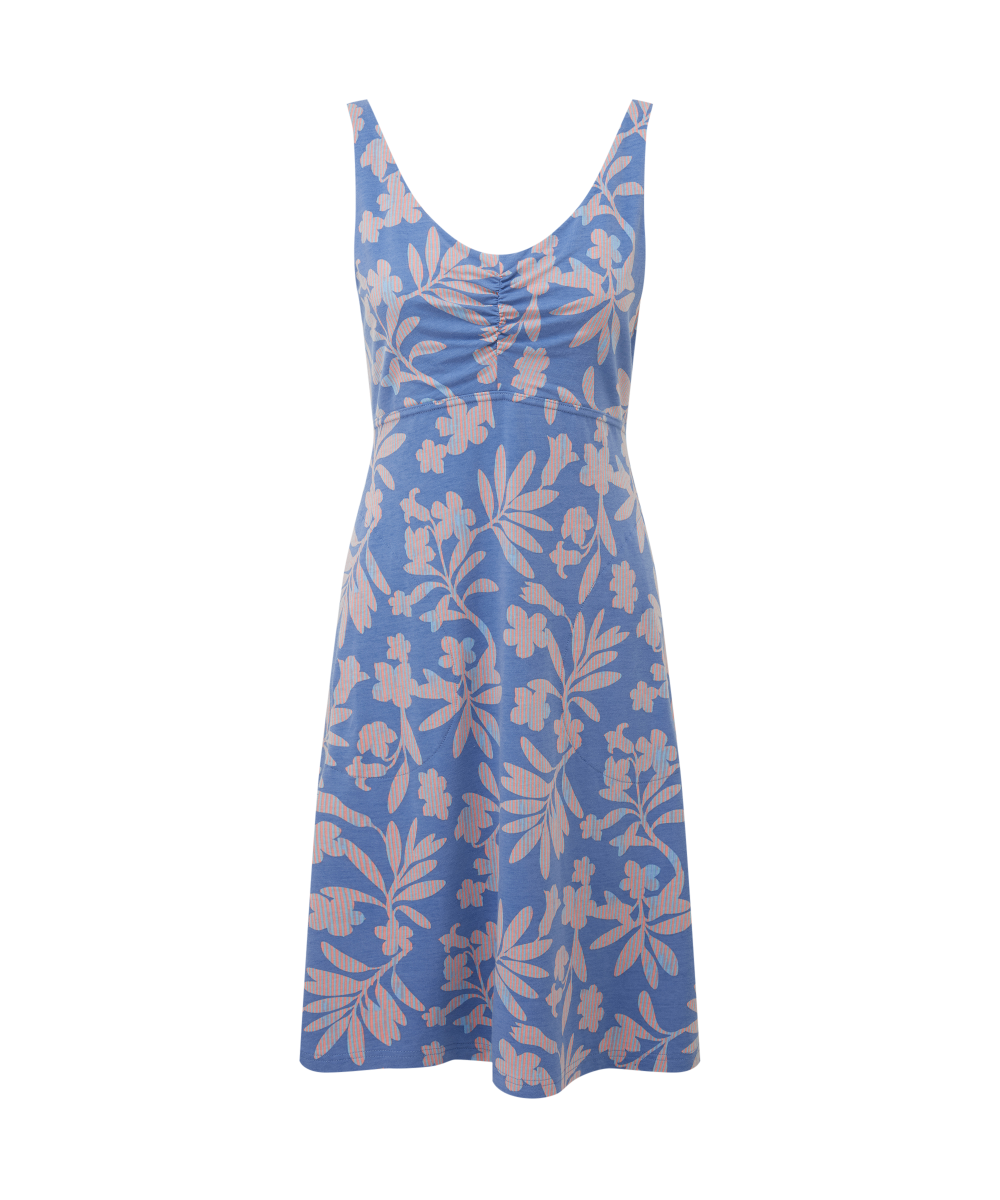 Women's blue sleeveless dress with orange floral pattern on a white background