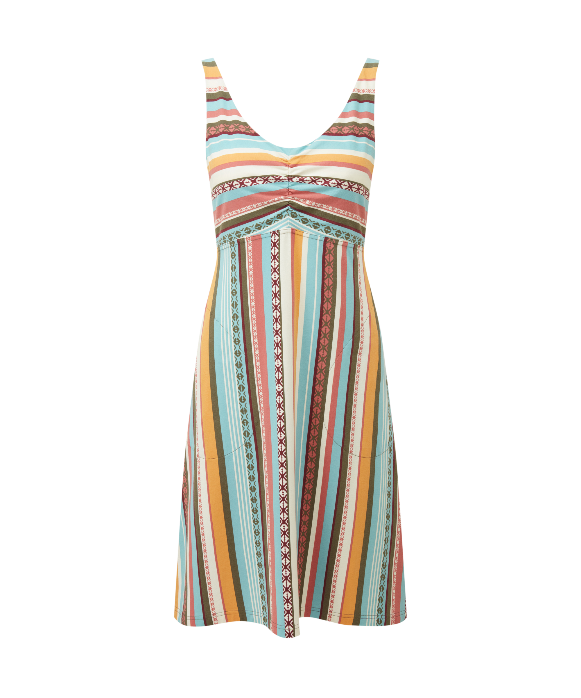 Women's multi colored yellow, red and blue striped dress on a white background