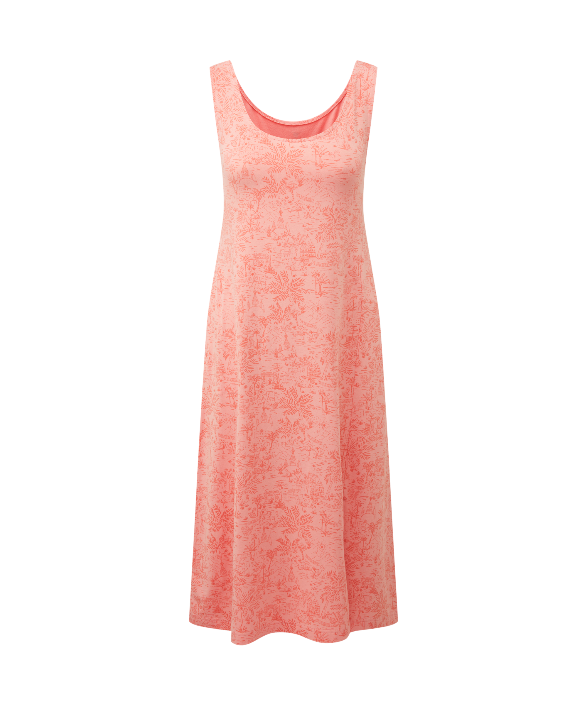 Women's coral sleeveless dress with a subtle floral pattern inspired by Nepal on a white background