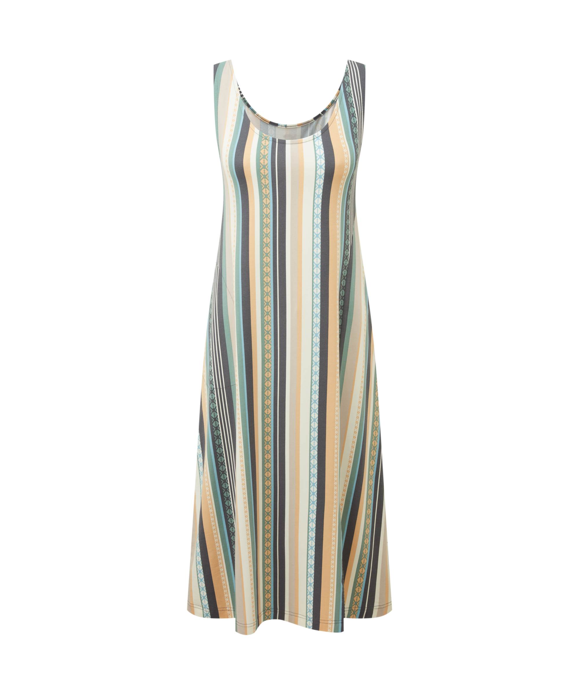 Women's yellow, green and blue striped, sleeveless dress with a white background