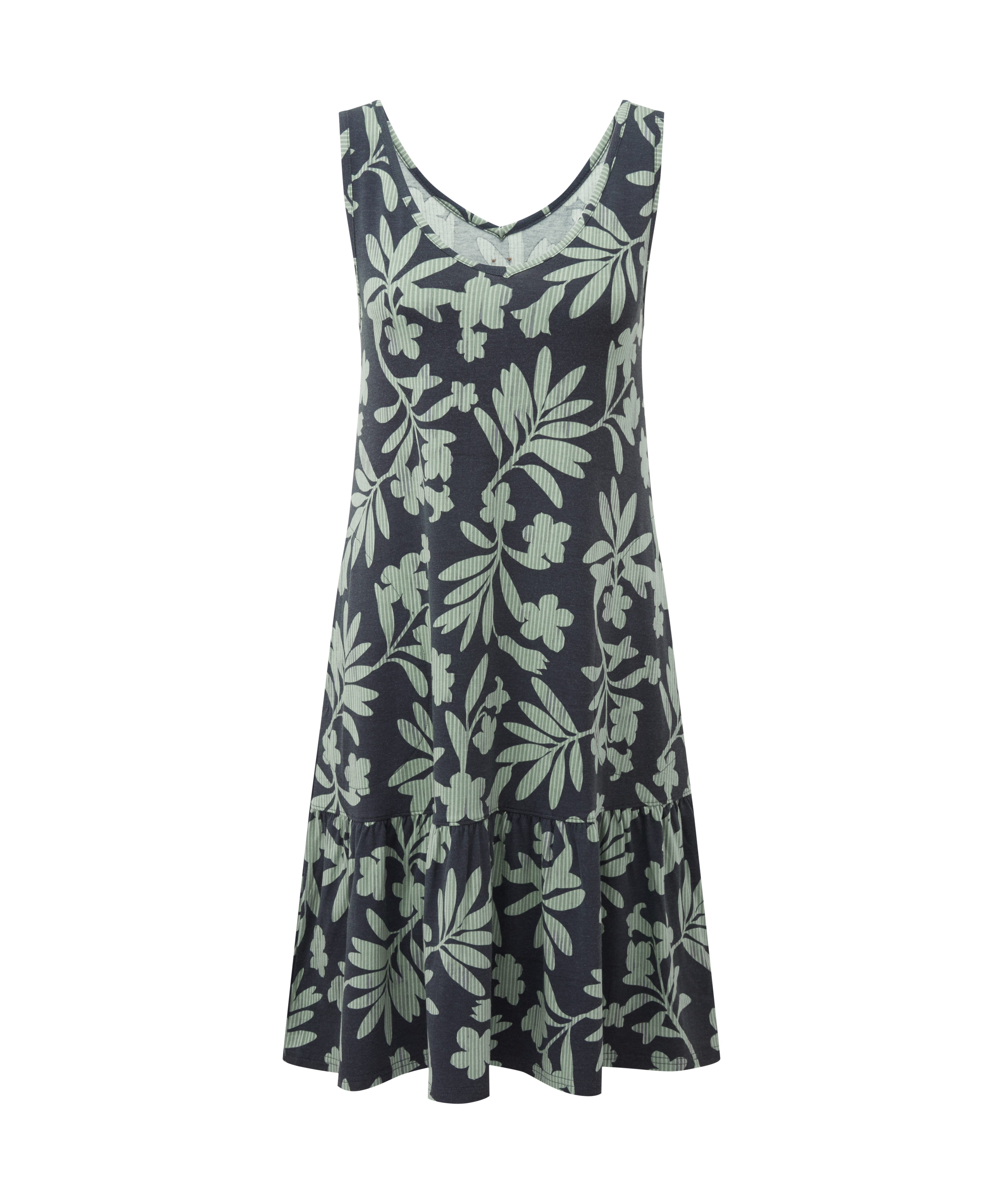 Marineblaues Šrmelloses Kleid mit grŸnem Blattmuster auf wei§em Hintergrund